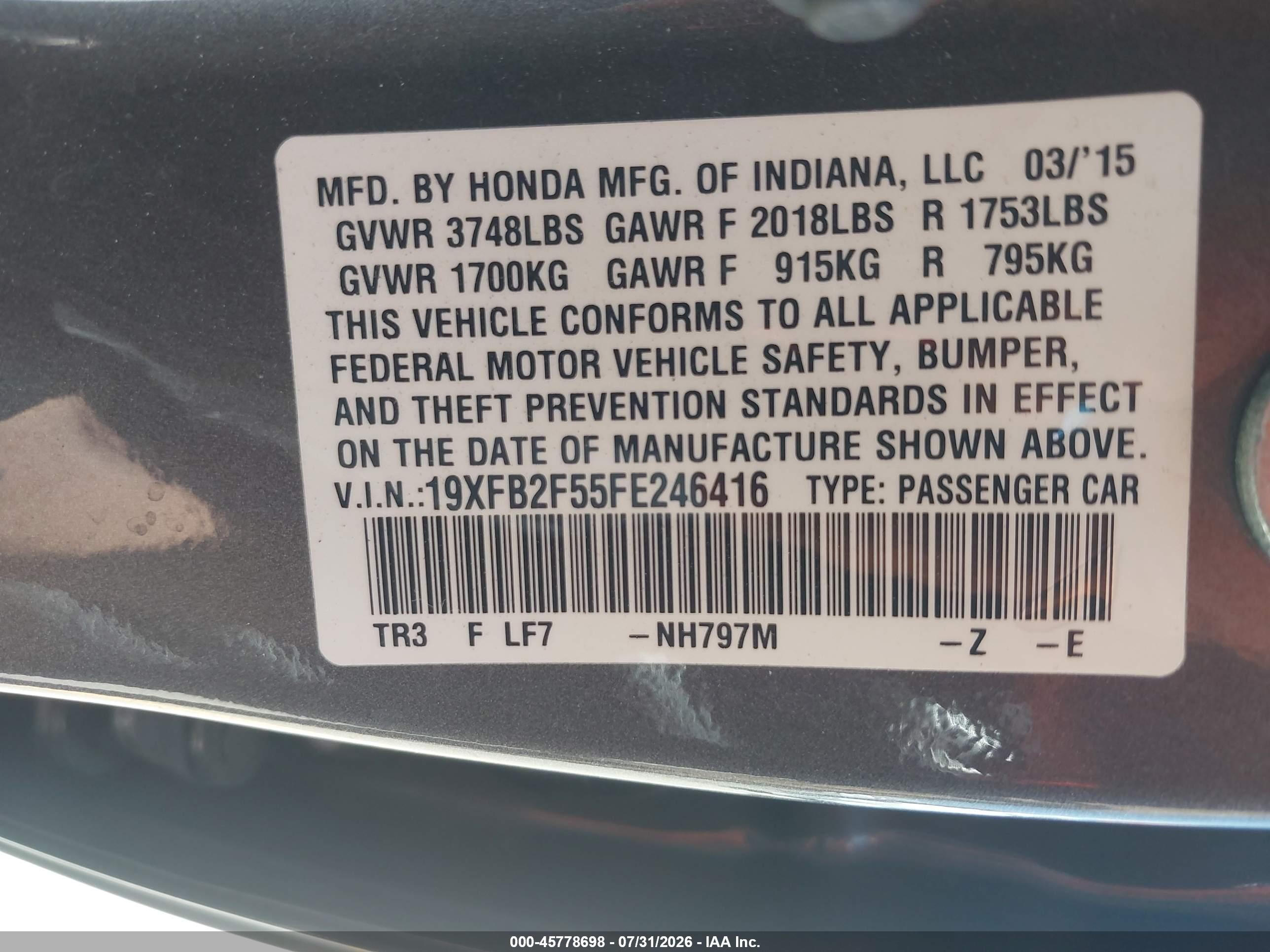 2015 Honda Civic Lx Gray vin: 19XFB2F55FE246416