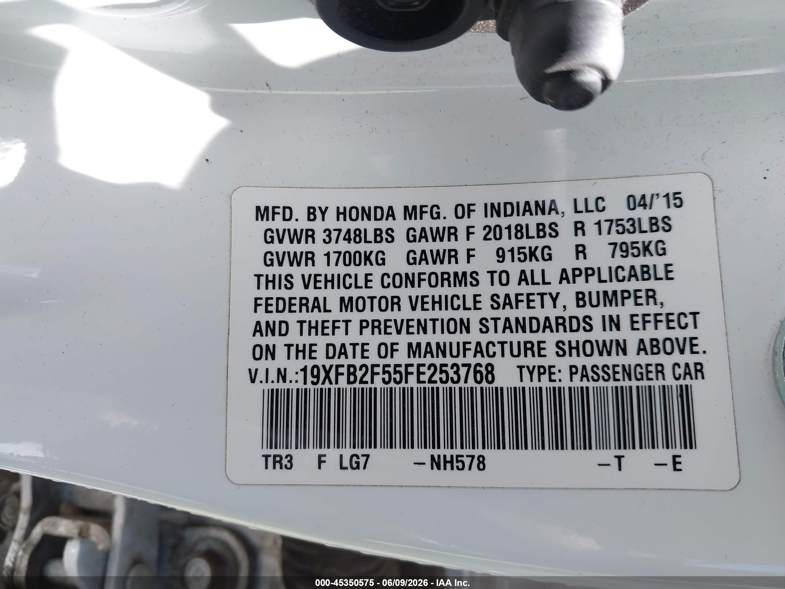 2015 Honda Civic Lx White vin: 19XFB2F55FE253768
