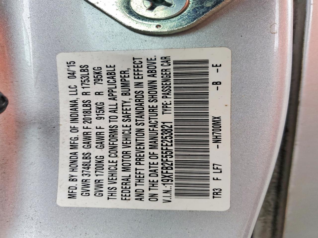 2015 Honda Civic Lx Silver vin: 19XFB2F55FE253821