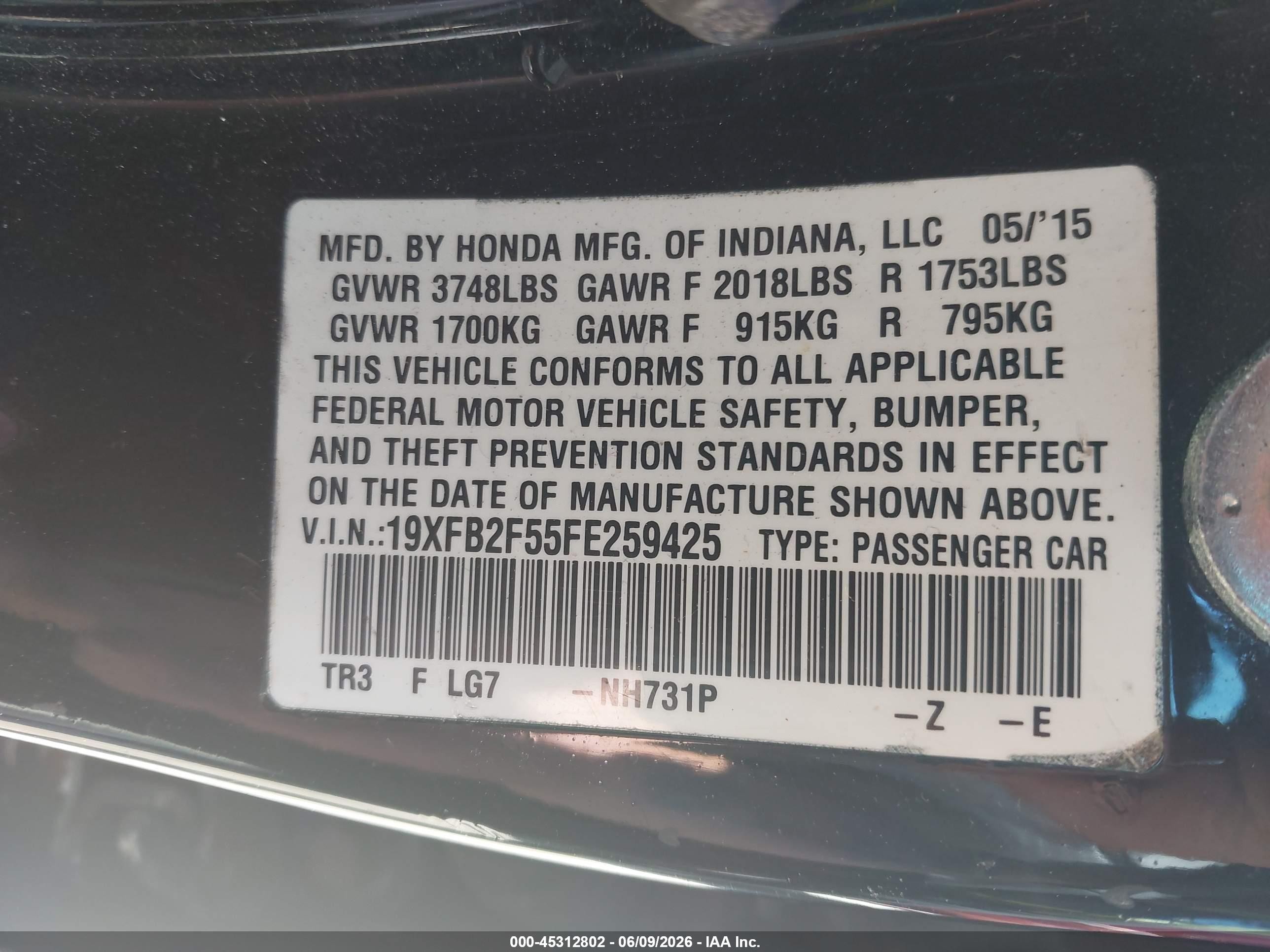 2015 Honda Civic Lx Black vin: 19XFB2F55FE259425