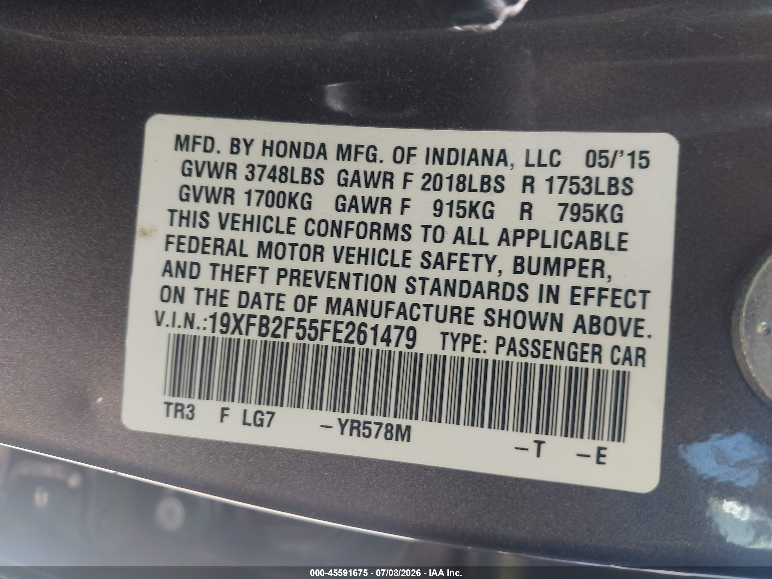 2015 Honda Civic Lx Серый vin: 19XFB2F55FE261479