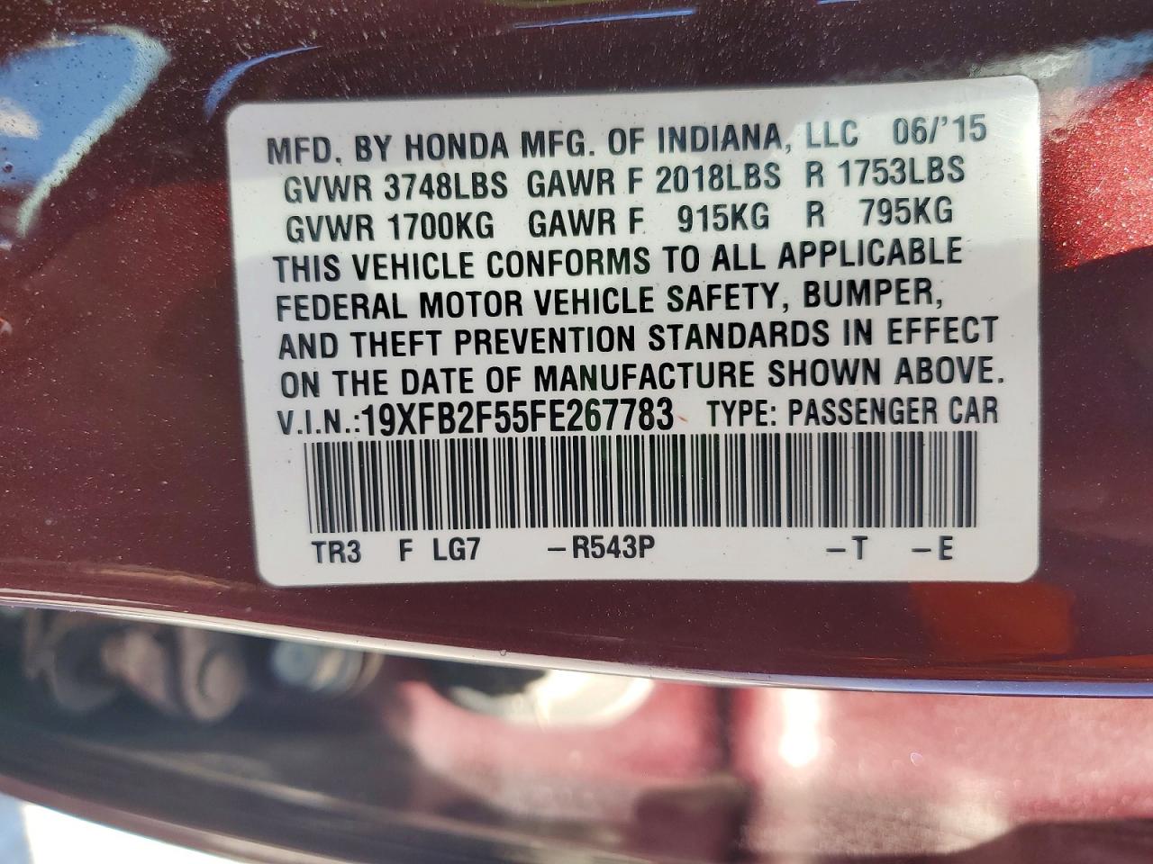 2015 Honda Civic Lx Burgundy vin: 19XFB2F55FE267783