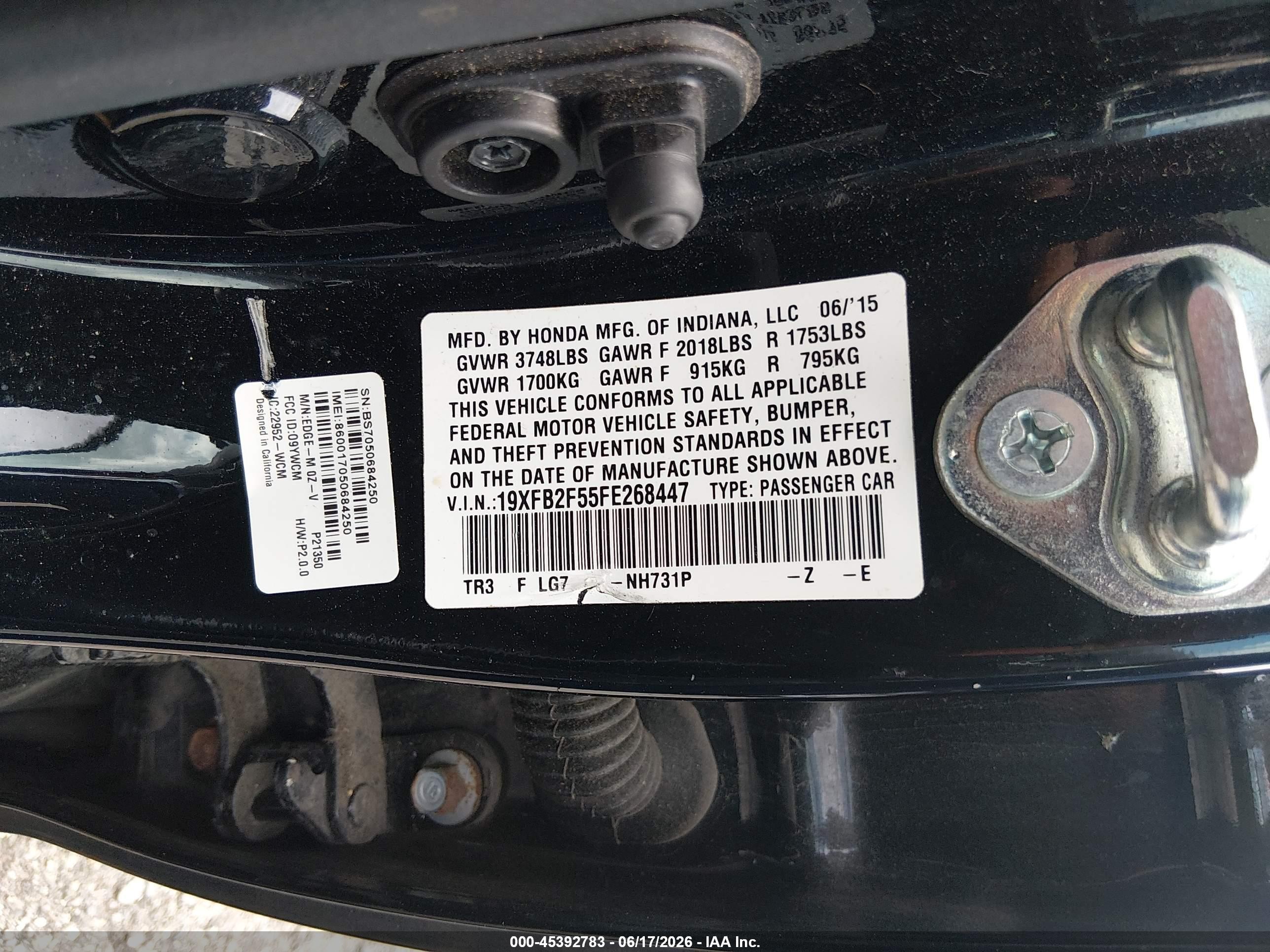 2015 Honda Civic Lx Black vin: 19XFB2F55FE268447