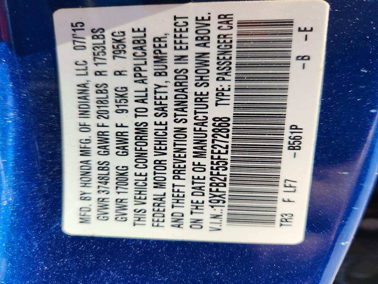 2015 Honda Civic Lx Blue vin: 19XFB2F55FE272868