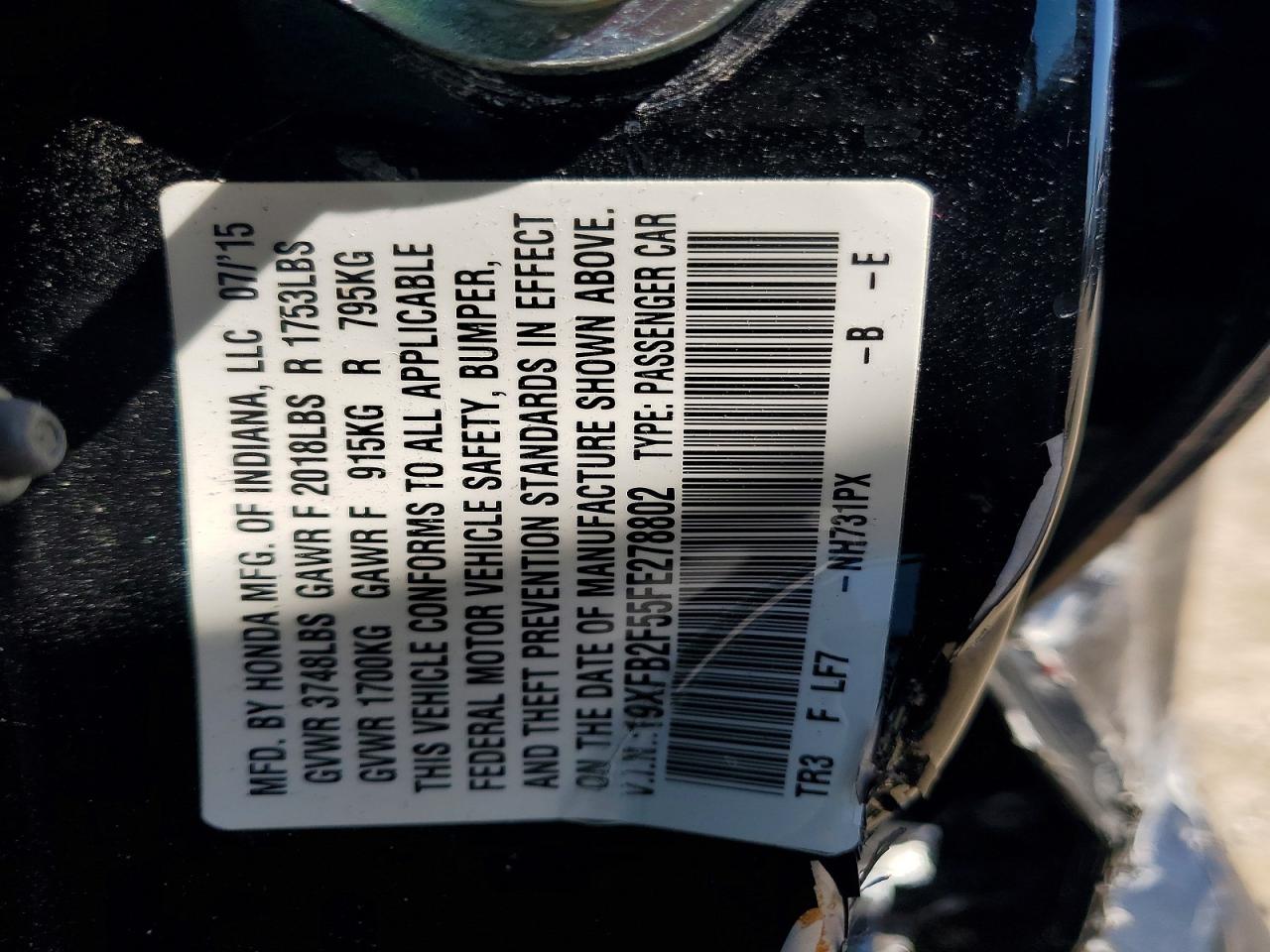 2015 Honda Civic Lx Черный vin: 19XFB2F55FE278802