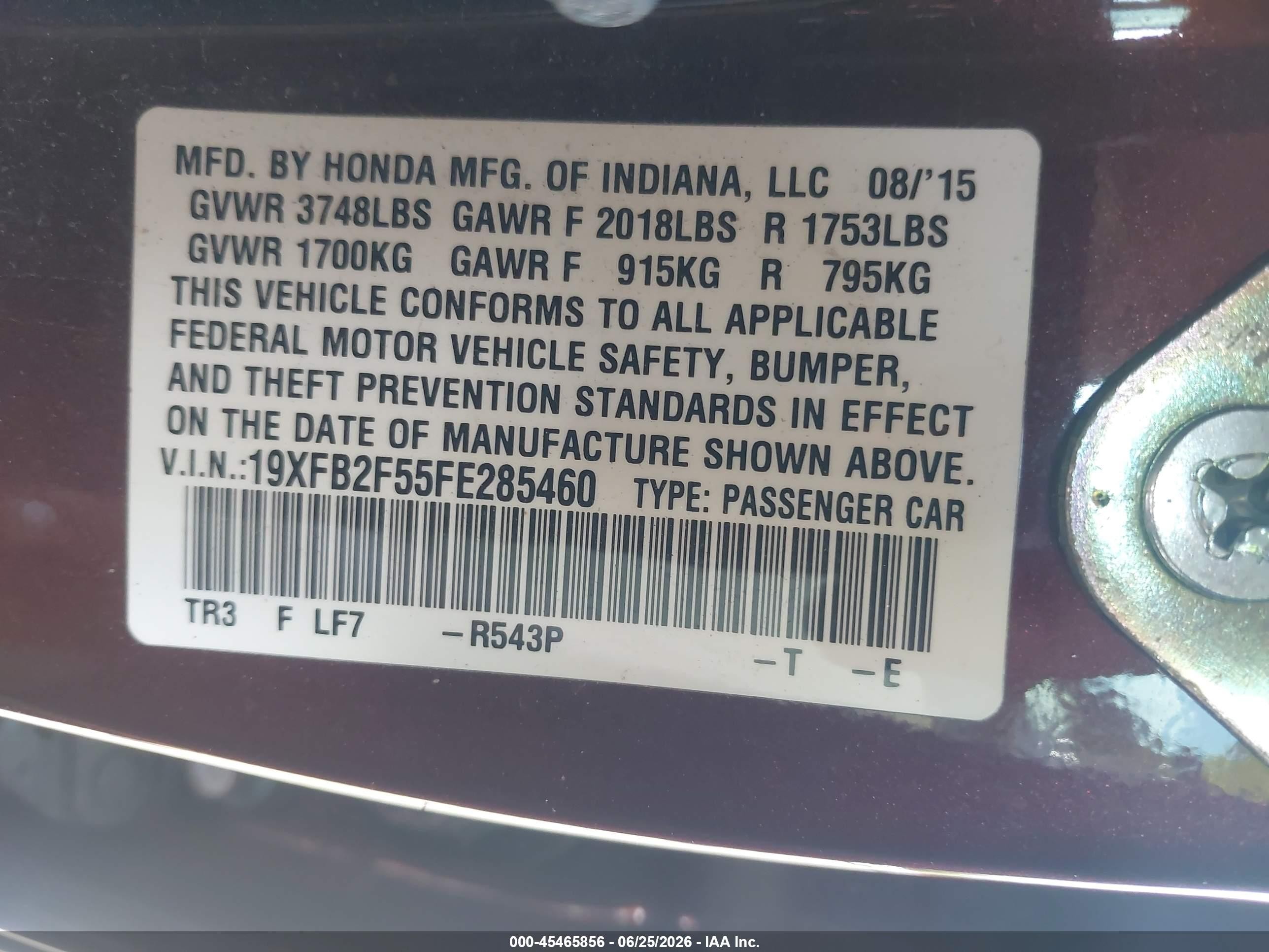 2015 Honda Civic Lx Burgundy vin: 19XFB2F55FE285460