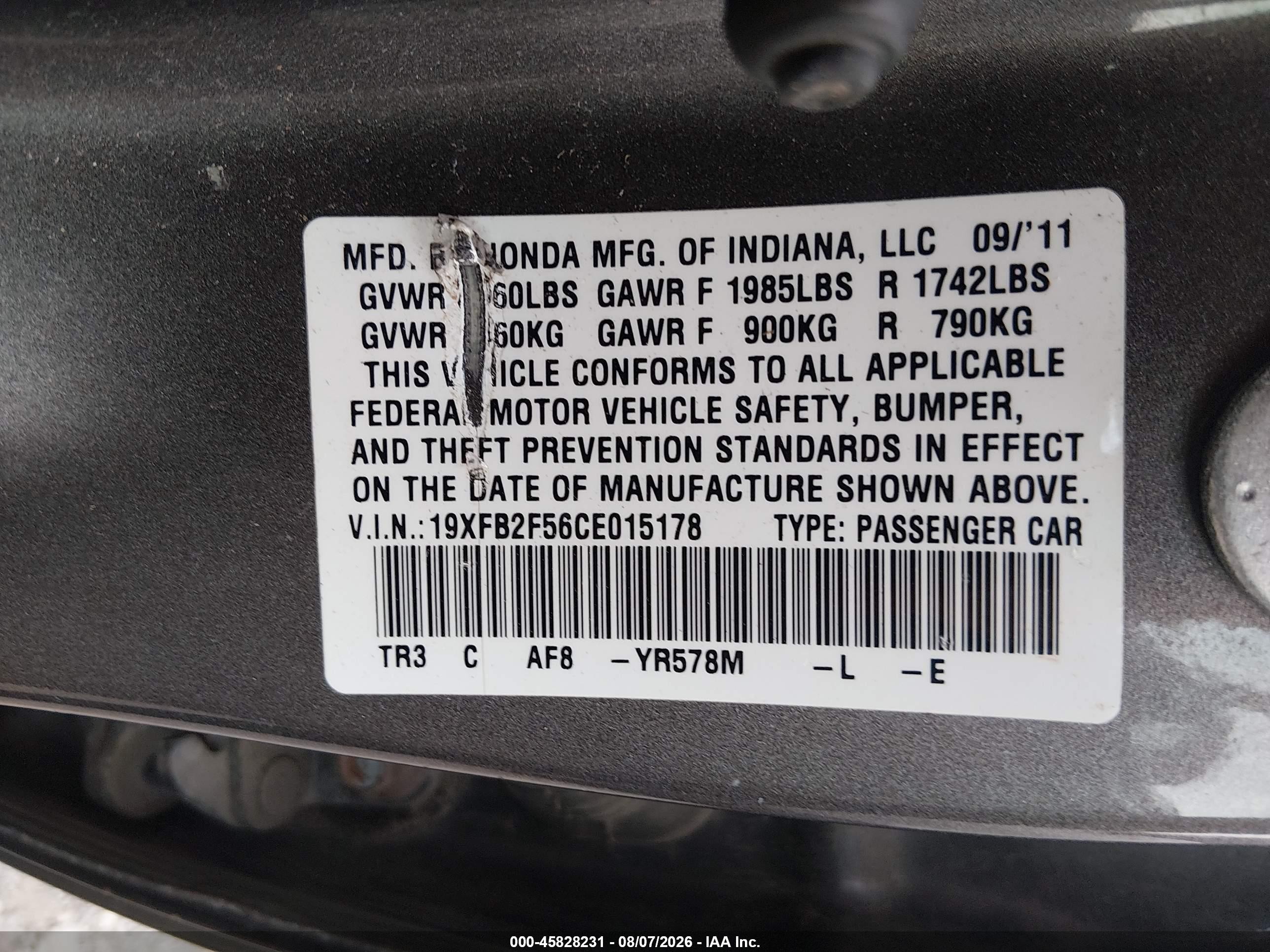 2012 Honda Civic Lx Gray vin: 19XFB2F56CE015178