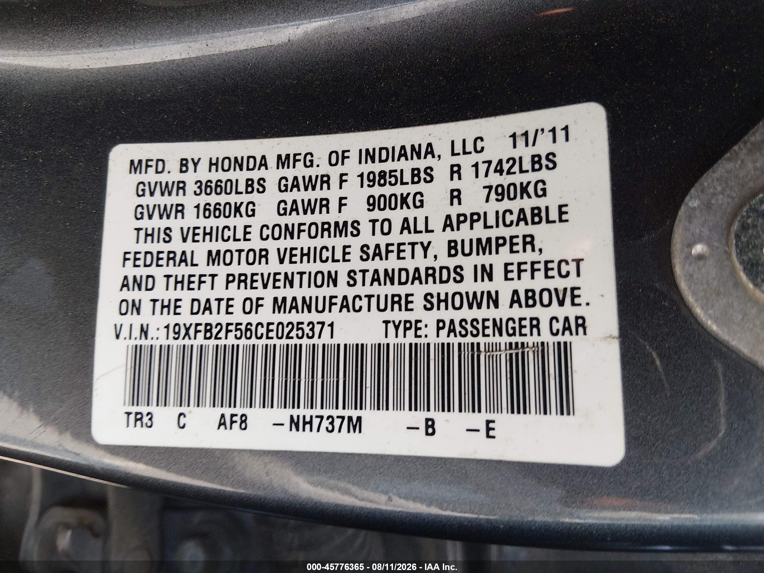 2012 Honda Civic Lx Beige vin: 19XFB2F56CE025371