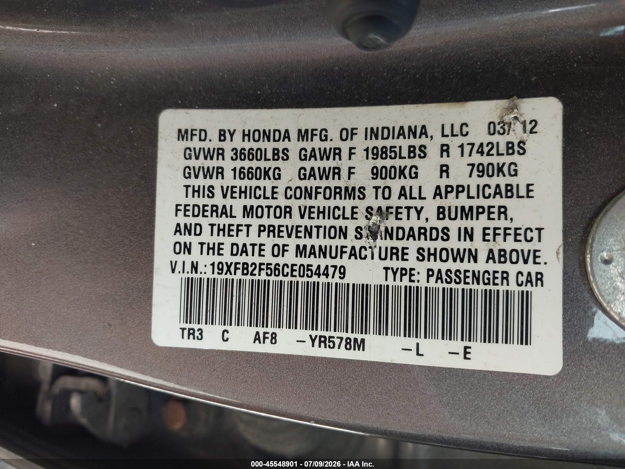 2012 Honda Civic Lx Gray vin: 19XFB2F56CE054479