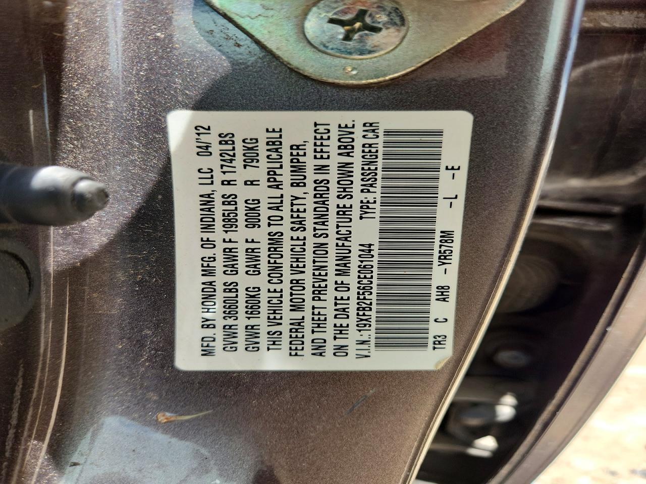 2012 Honda Civic Lx Gray vin: 19XFB2F56CE061044