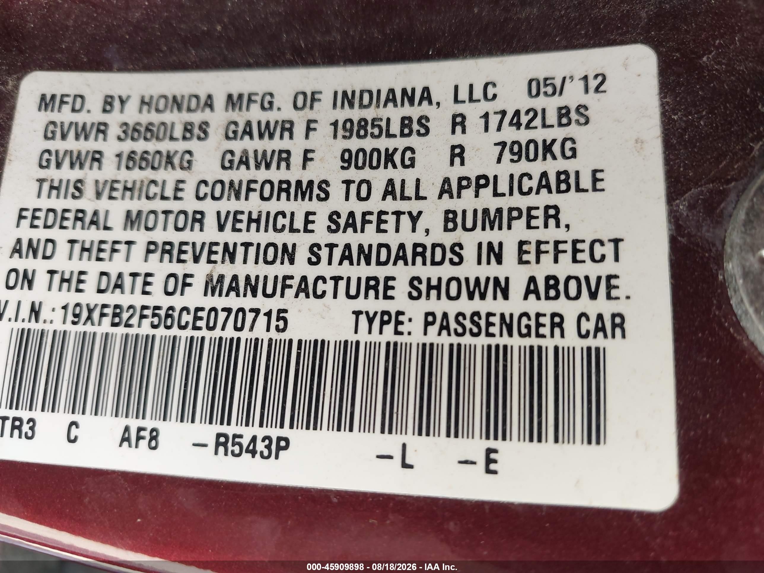 2012 Honda Civic Lx Maroon vin: 19XFB2F56CE070715