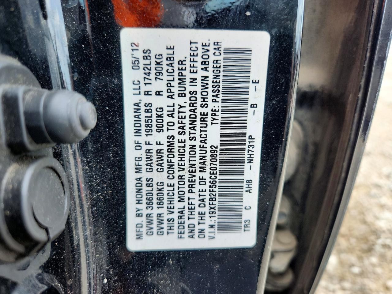 2012 Honda Civic Lx Black vin: 19XFB2F56CE070892