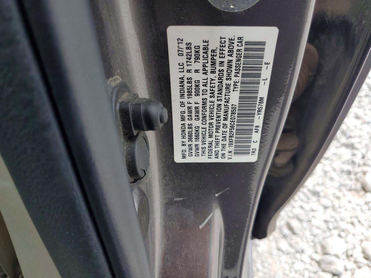 2012 Honda Civic Lx Gray vin: 19XFB2F56CE078507