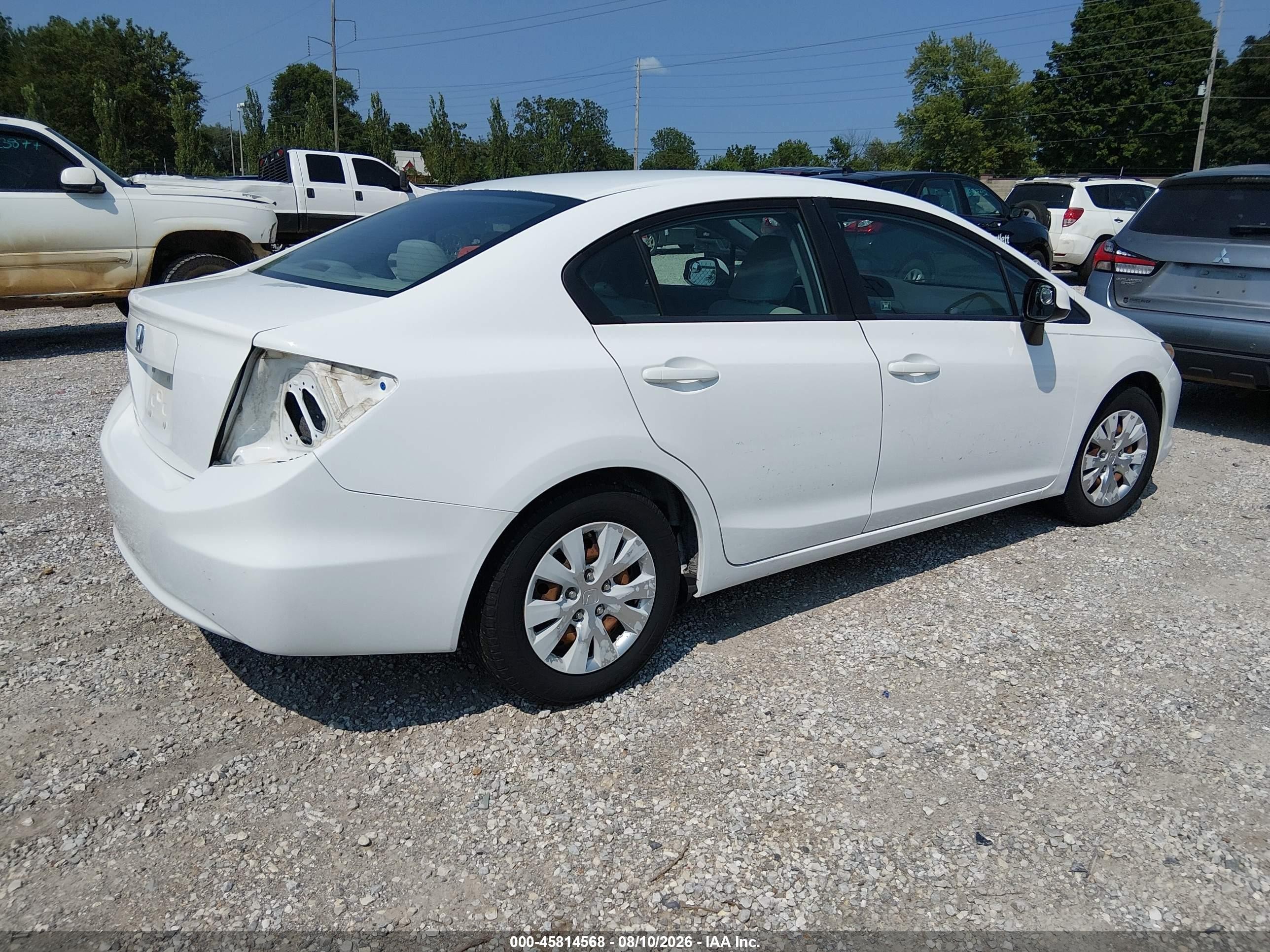 2012 Honda Civic Lx White vin: 19XFB2F56CE080998