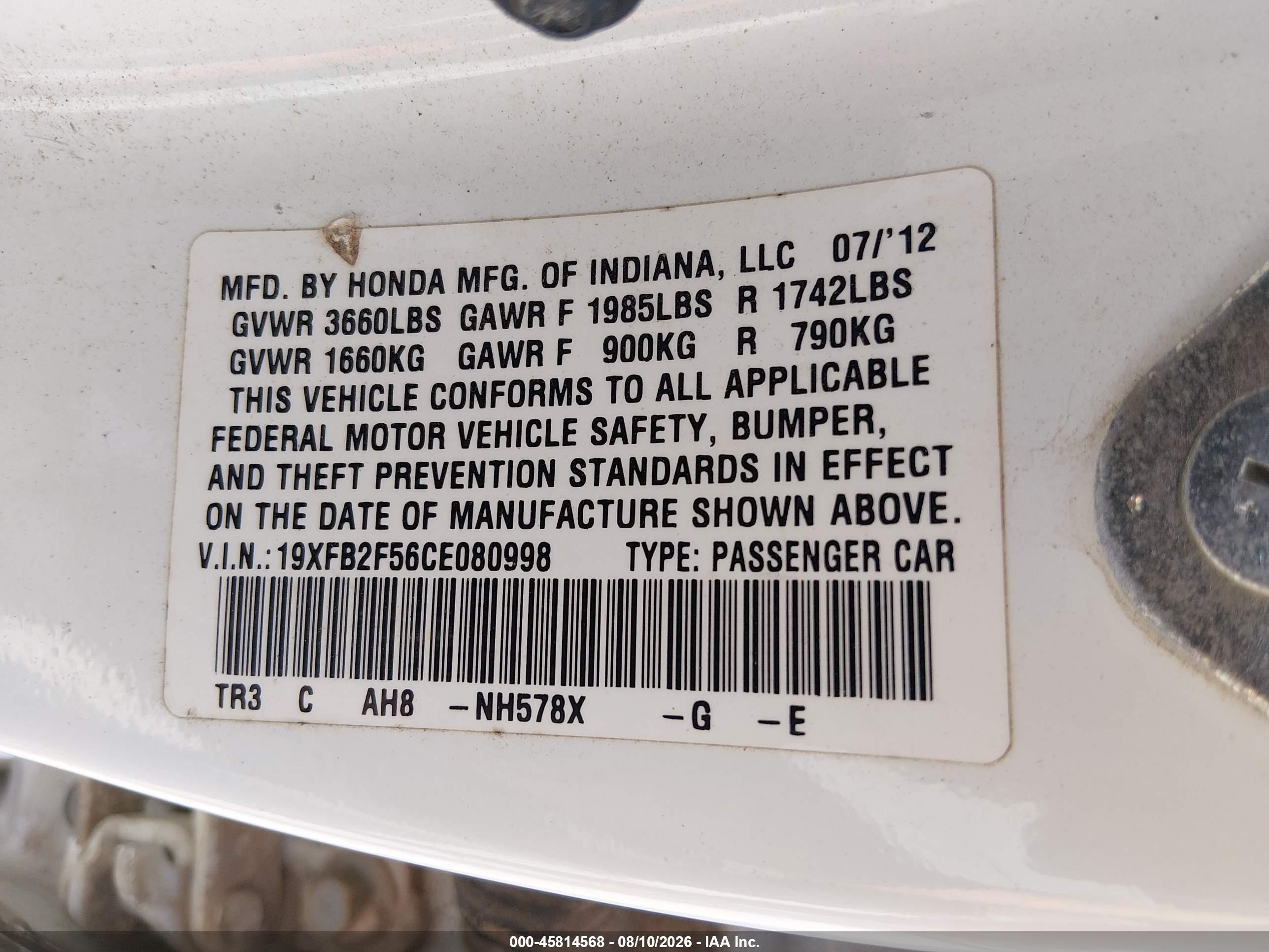 2012 Honda Civic Lx White vin: 19XFB2F56CE080998