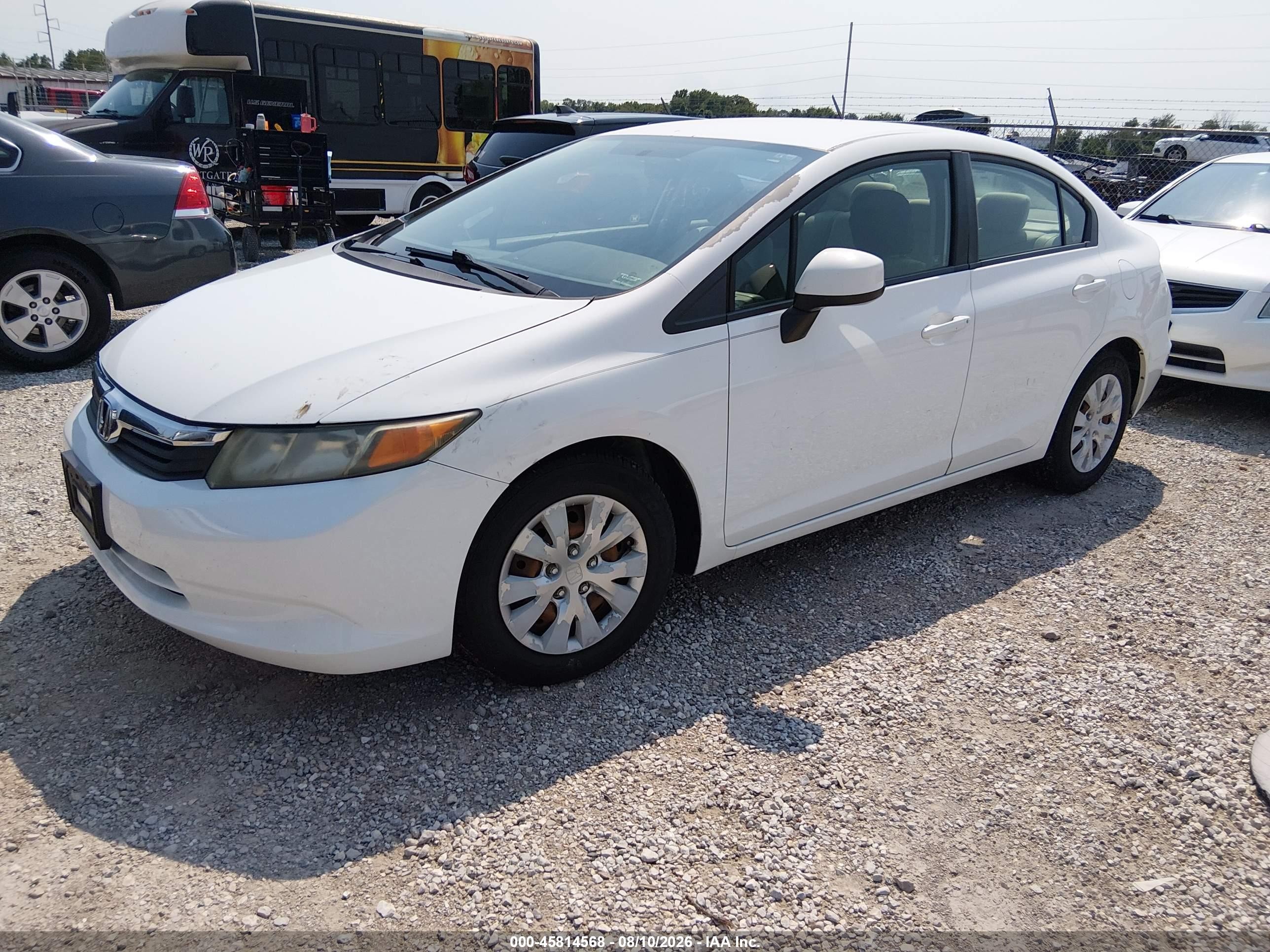 2012 Honda Civic Lx White vin: 19XFB2F56CE080998