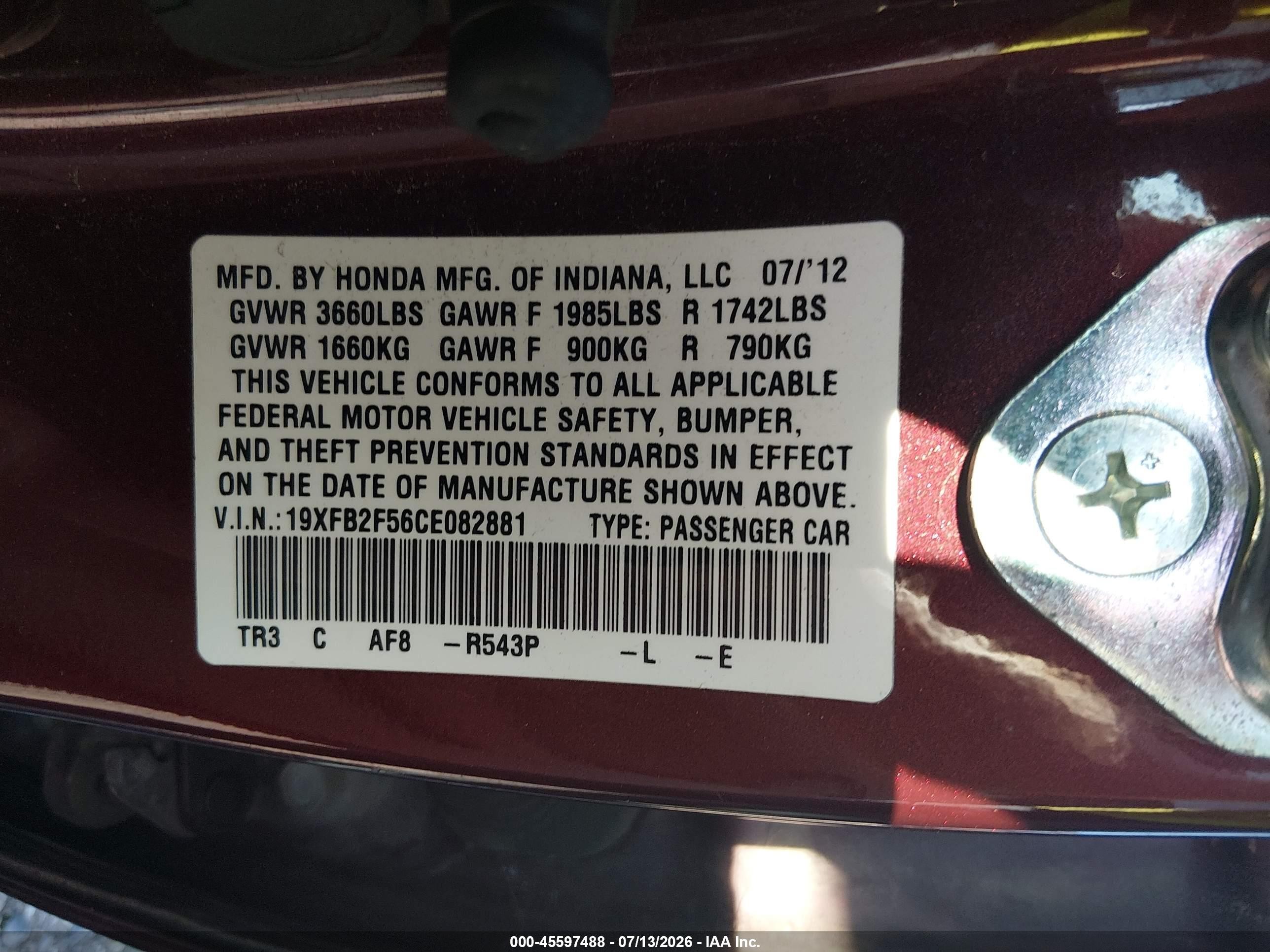2012 Honda Civic Lx Maroon vin: 19XFB2F56CE082881