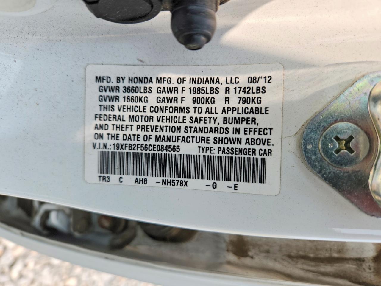 2012 Honda Civic Lx White vin: 19XFB2F56CE084565