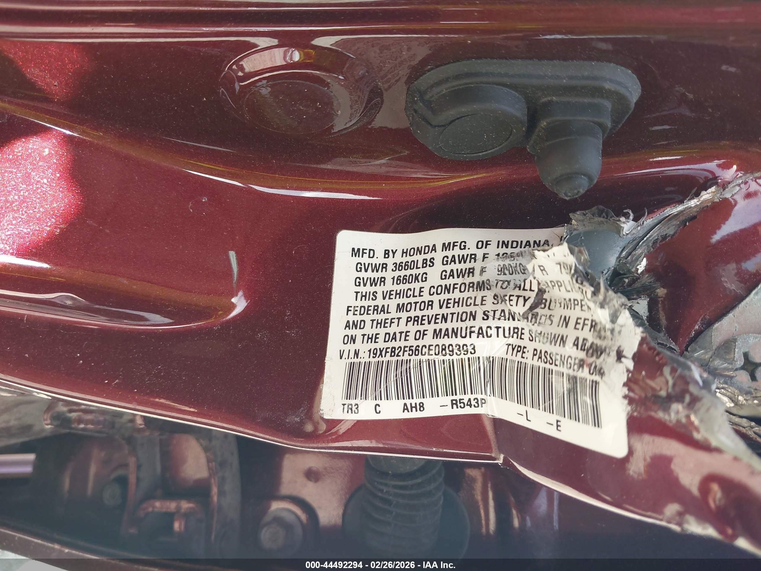 2012 Honda Civic Lx Бордовый vin: 19XFB2F56CE089393