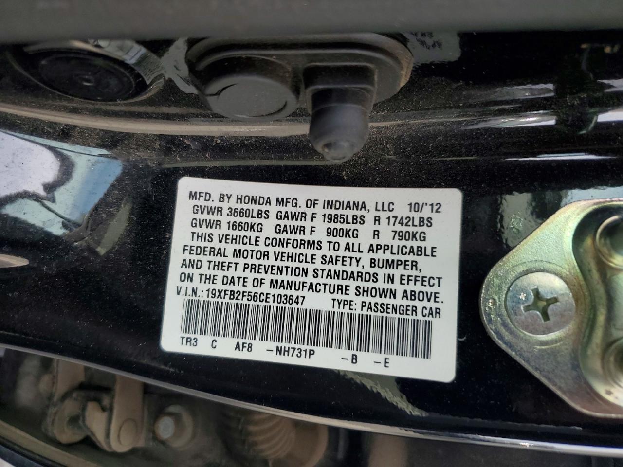 2012 Honda Civic Lx Black vin: 19XFB2F56CE103647