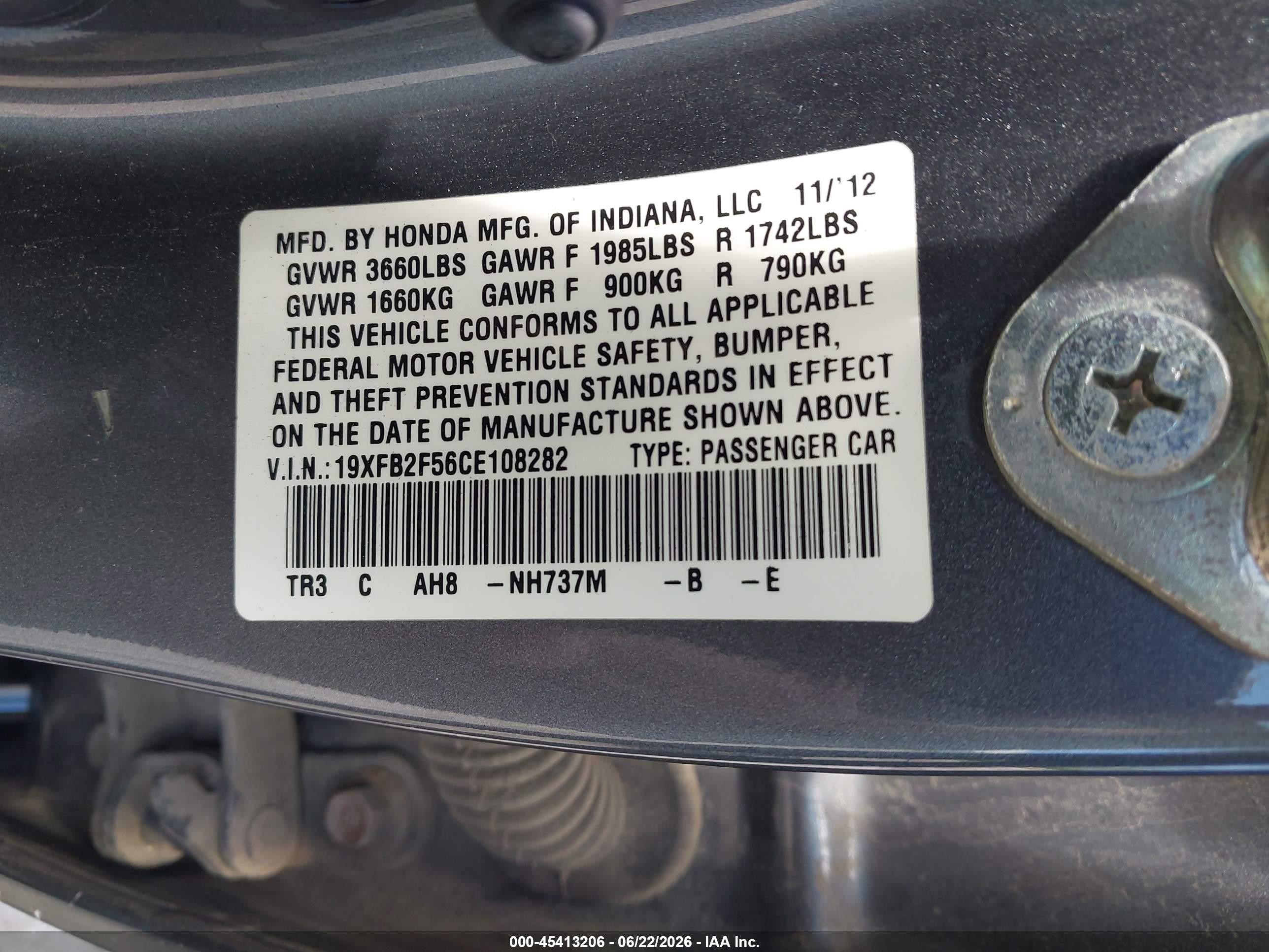 2012 Honda Civic Lx Gray vin: 19XFB2F56CE108282