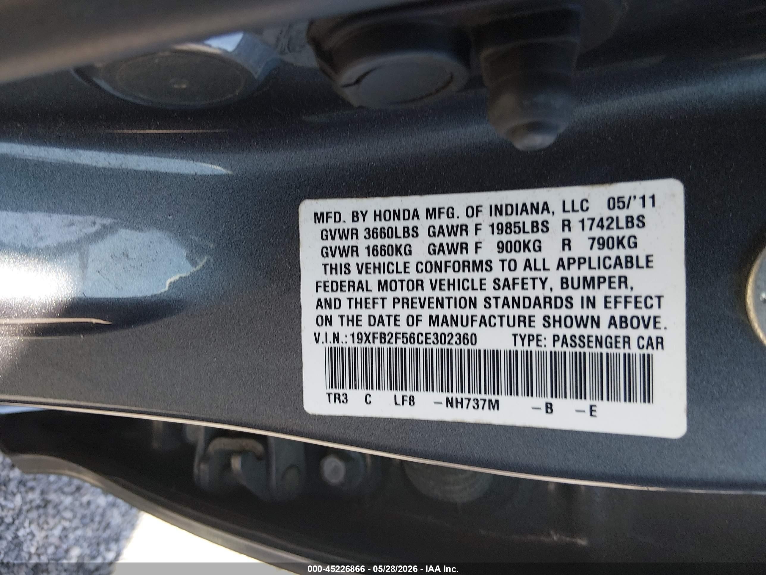 2012 Honda Civic Lx Gray vin: 19XFB2F56CE302360