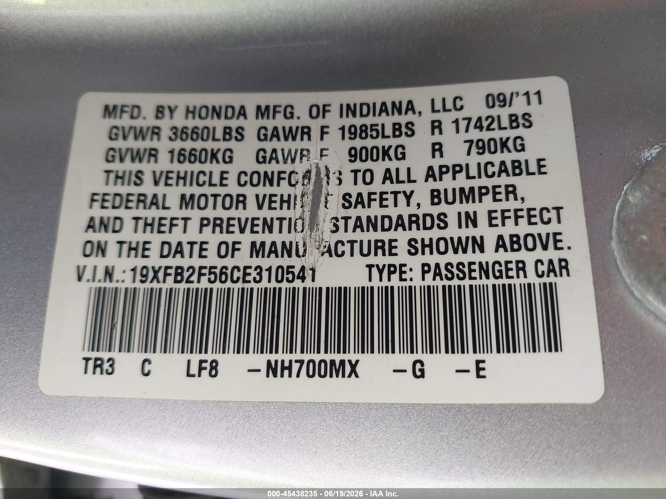 2012 Honda Civic Lx Silver vin: 19XFB2F56CE310541