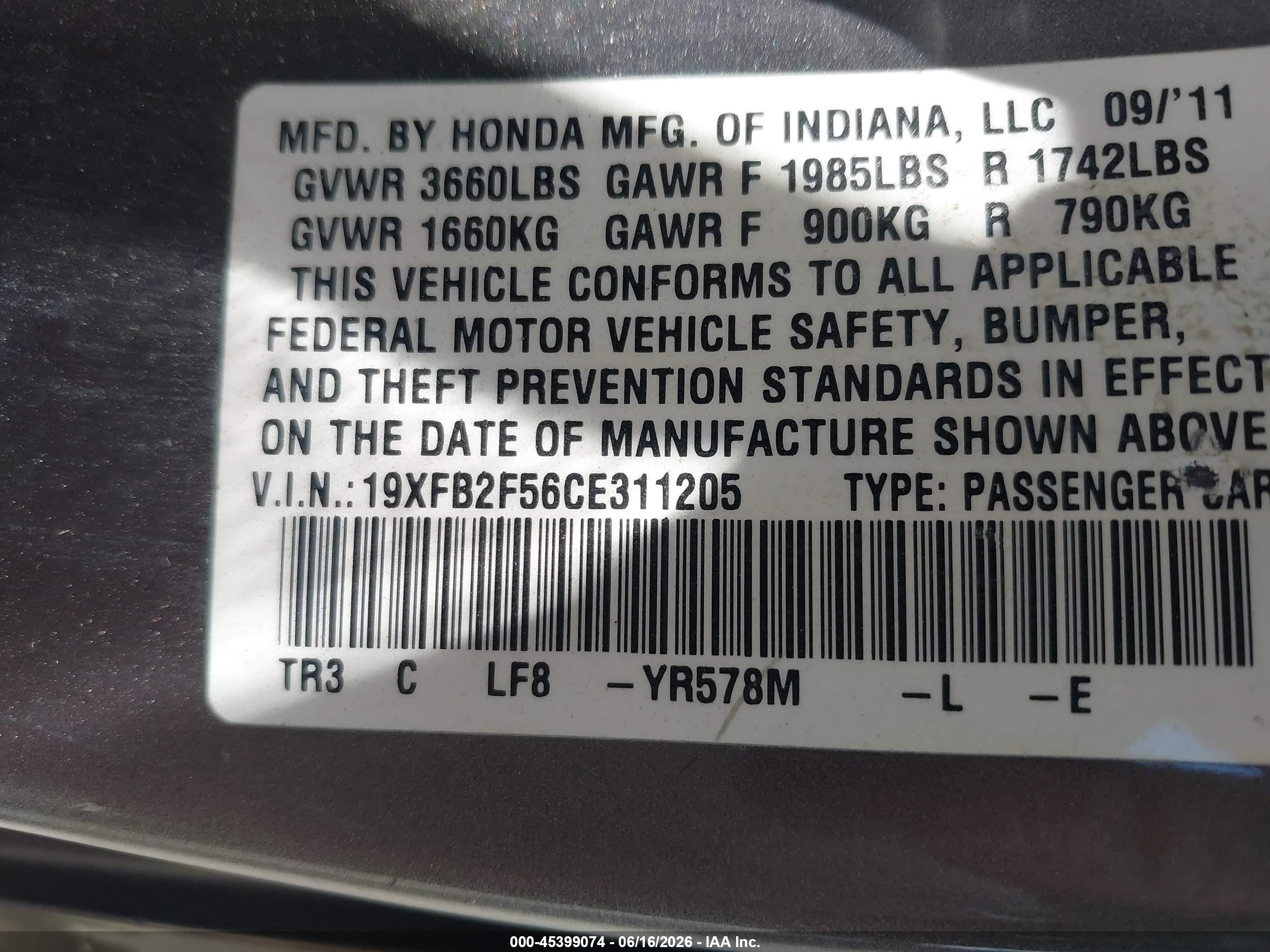 2012 Honda Civic Lx Gray vin: 19XFB2F56CE311205
