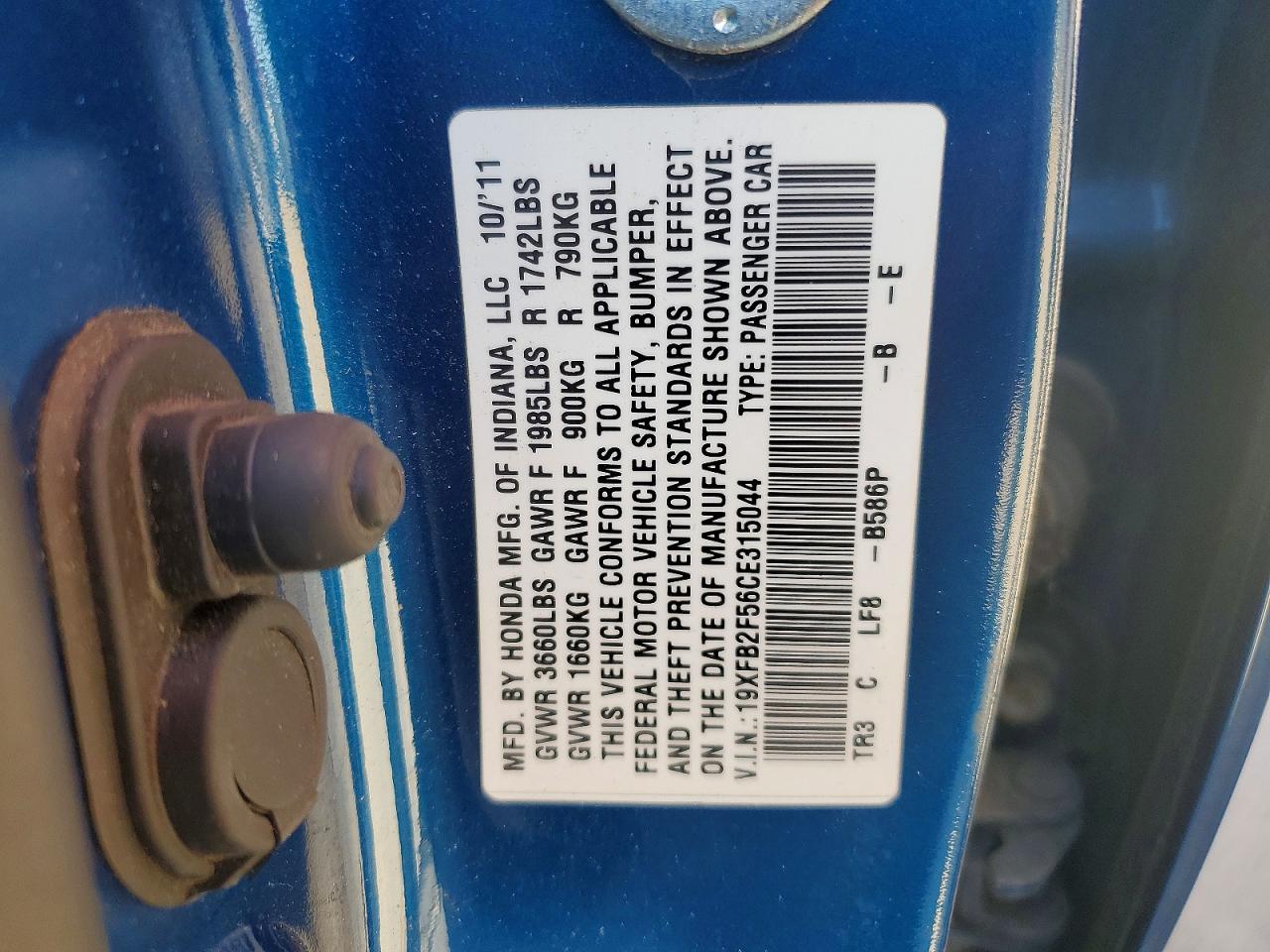 2012 Honda Civic Lx Blue vin: 19XFB2F56CE315044