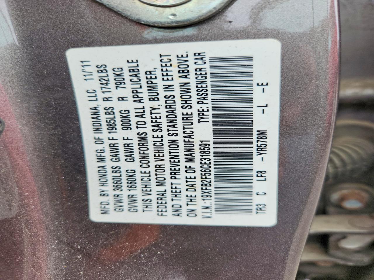 2012 Honda Civic Lx Gray vin: 19XFB2F56CE318591