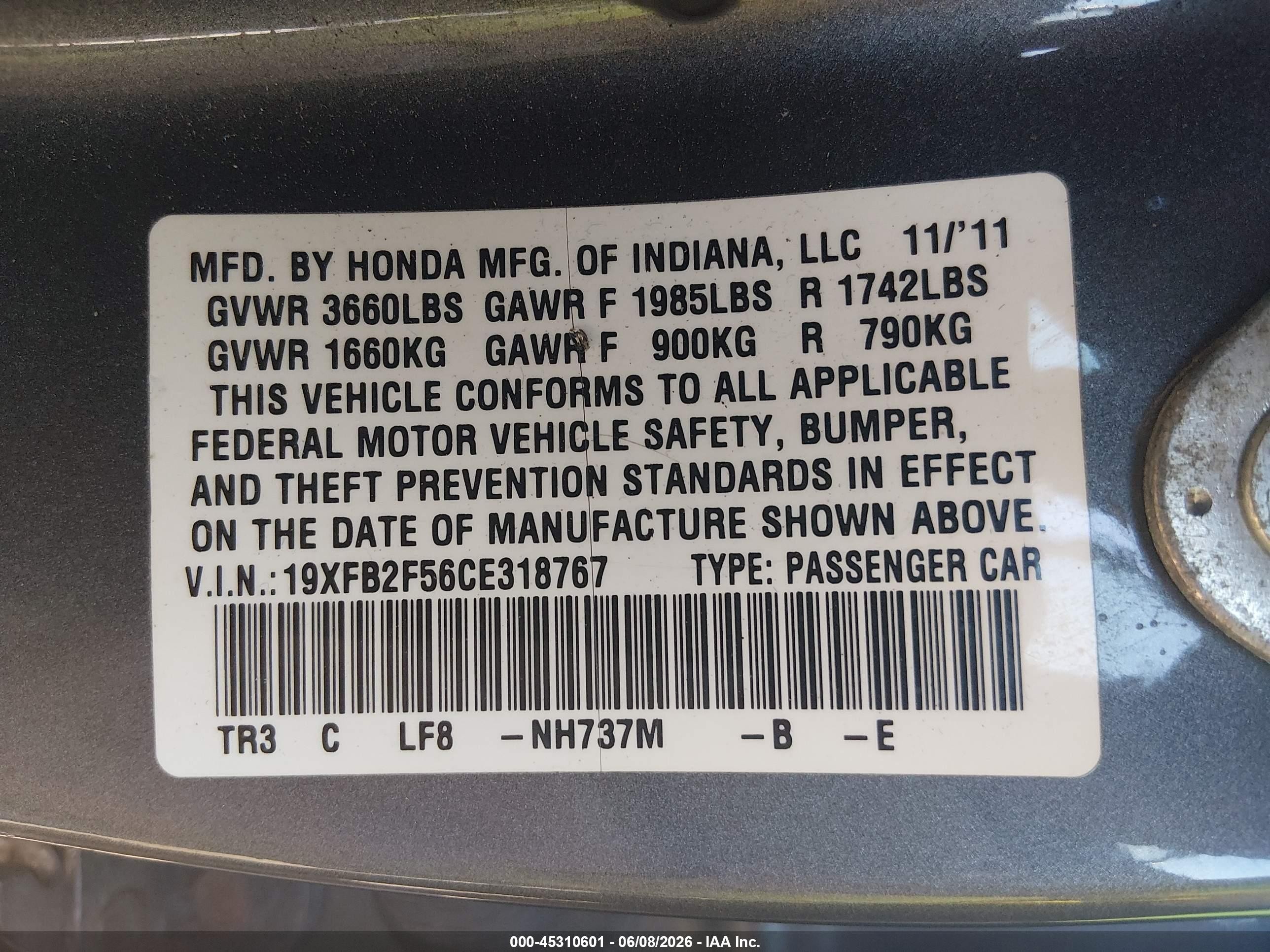 2012 Honda Civic Lx Gray vin: 19XFB2F56CE318767