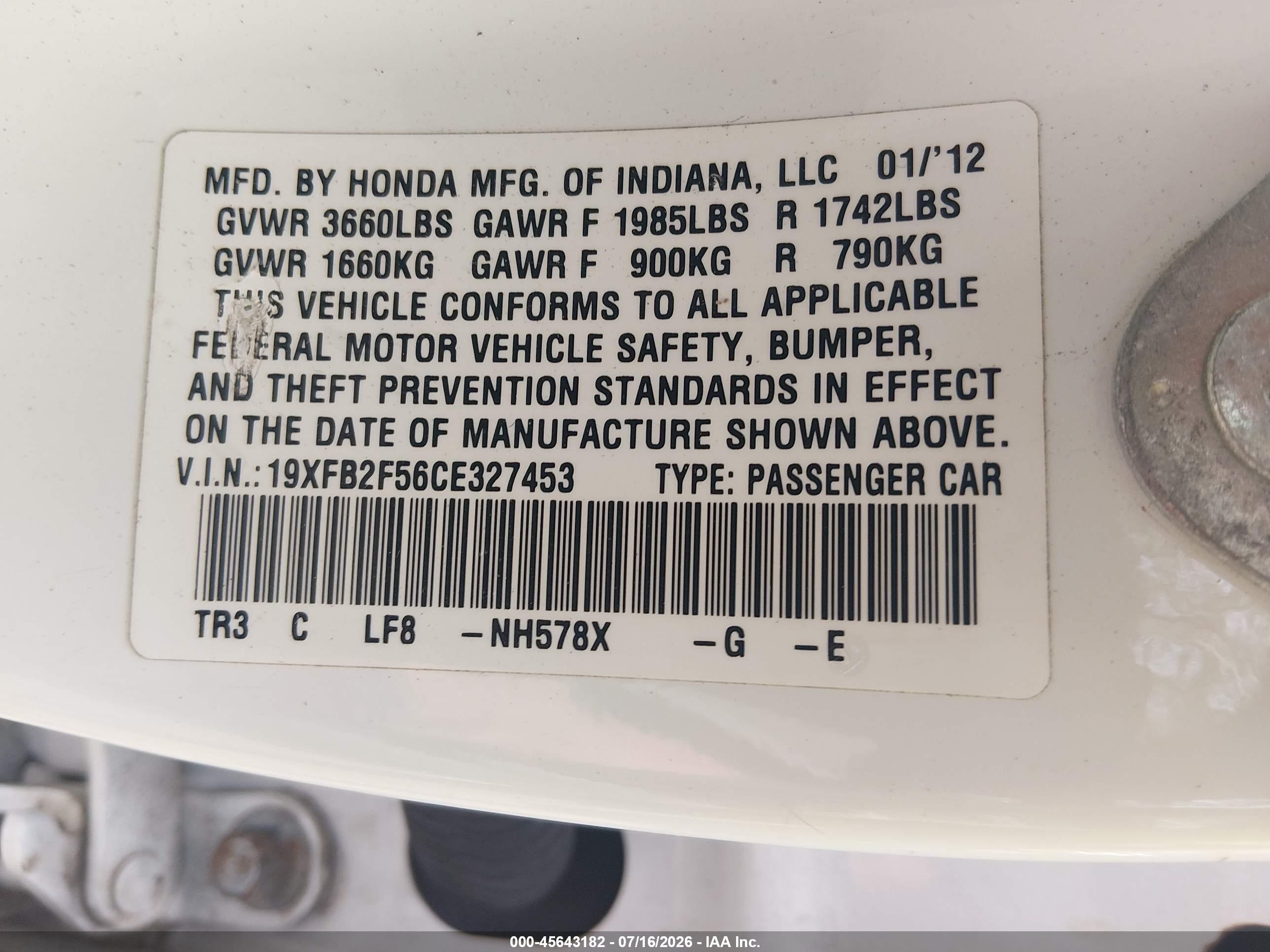 2012 Honda Civic Lx White vin: 19XFB2F56CE327453
