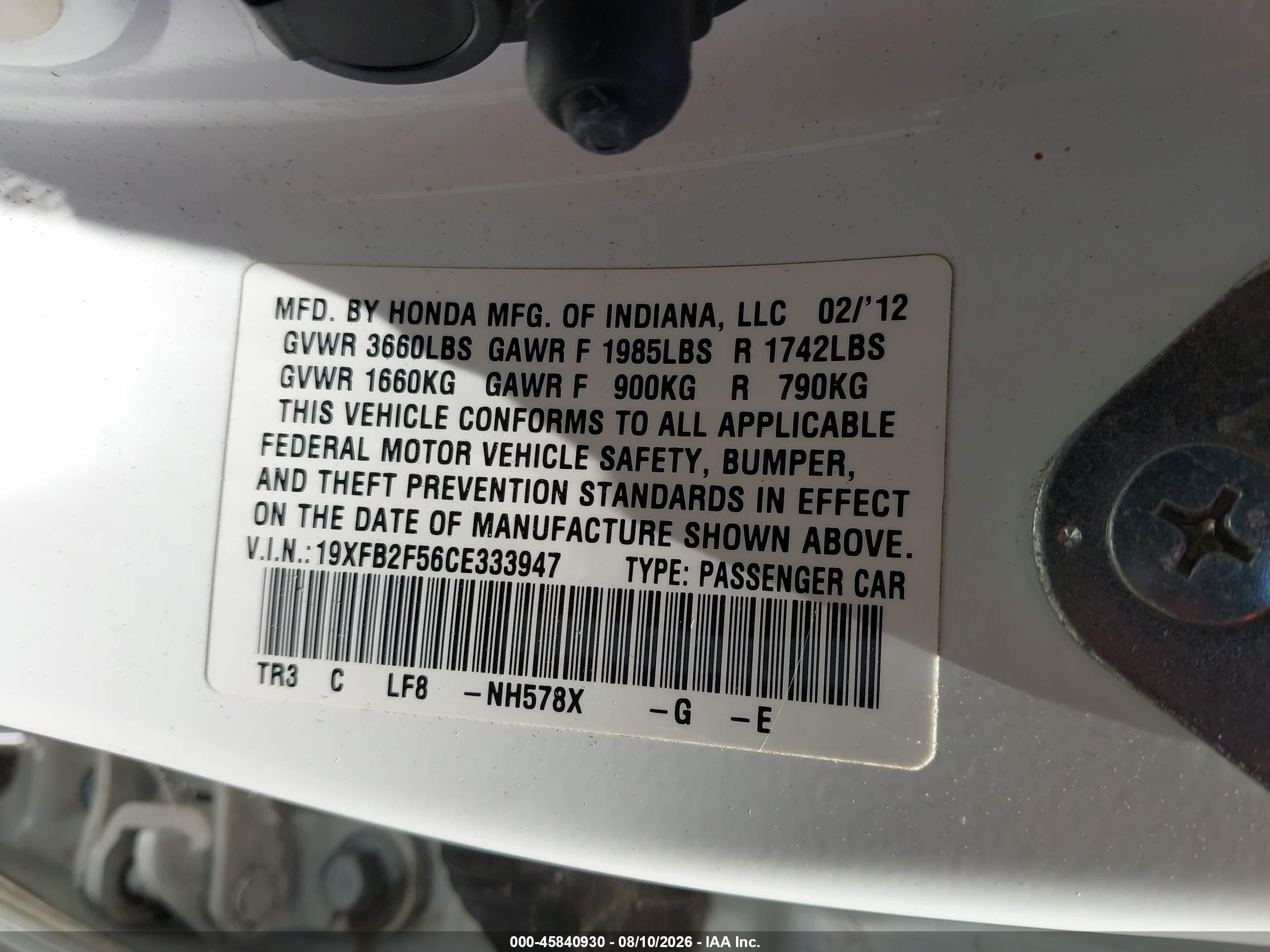 2012 Honda Civic Lx White vin: 19XFB2F56CE333947