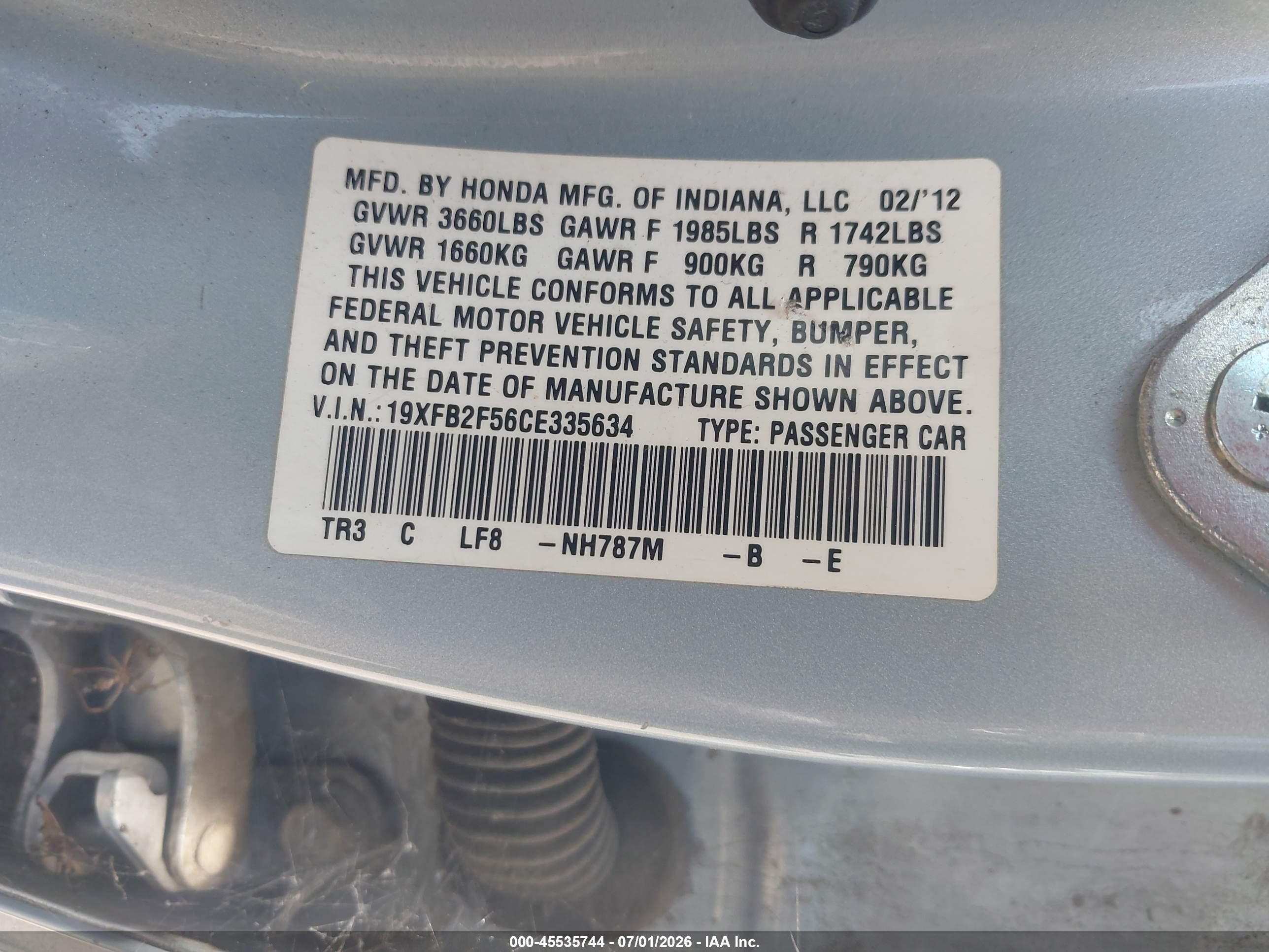 2012 Honda Civic Lx Blue vin: 19XFB2F56CE335634