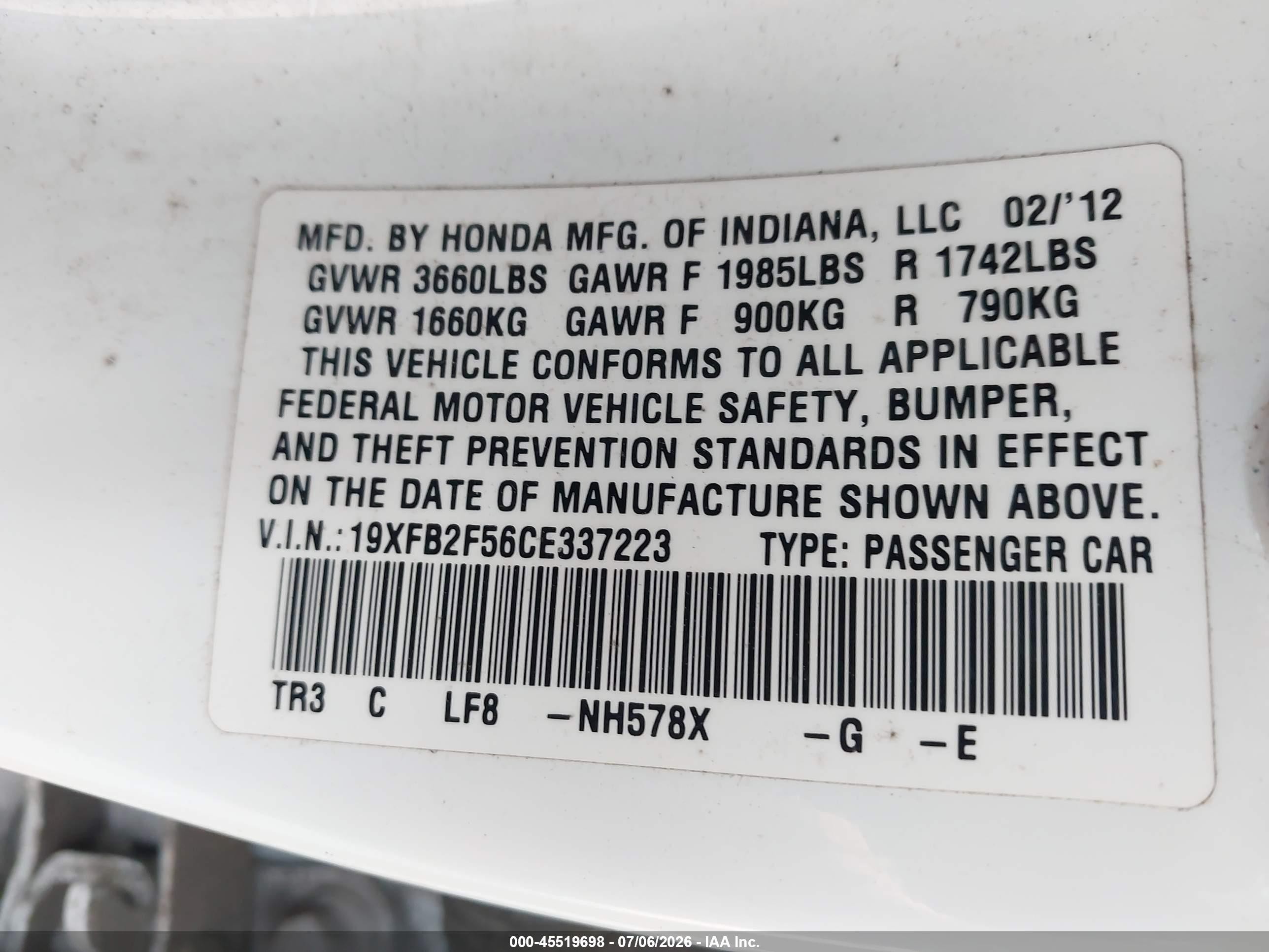 2012 Honda Civic Lx White vin: 19XFB2F56CE337223