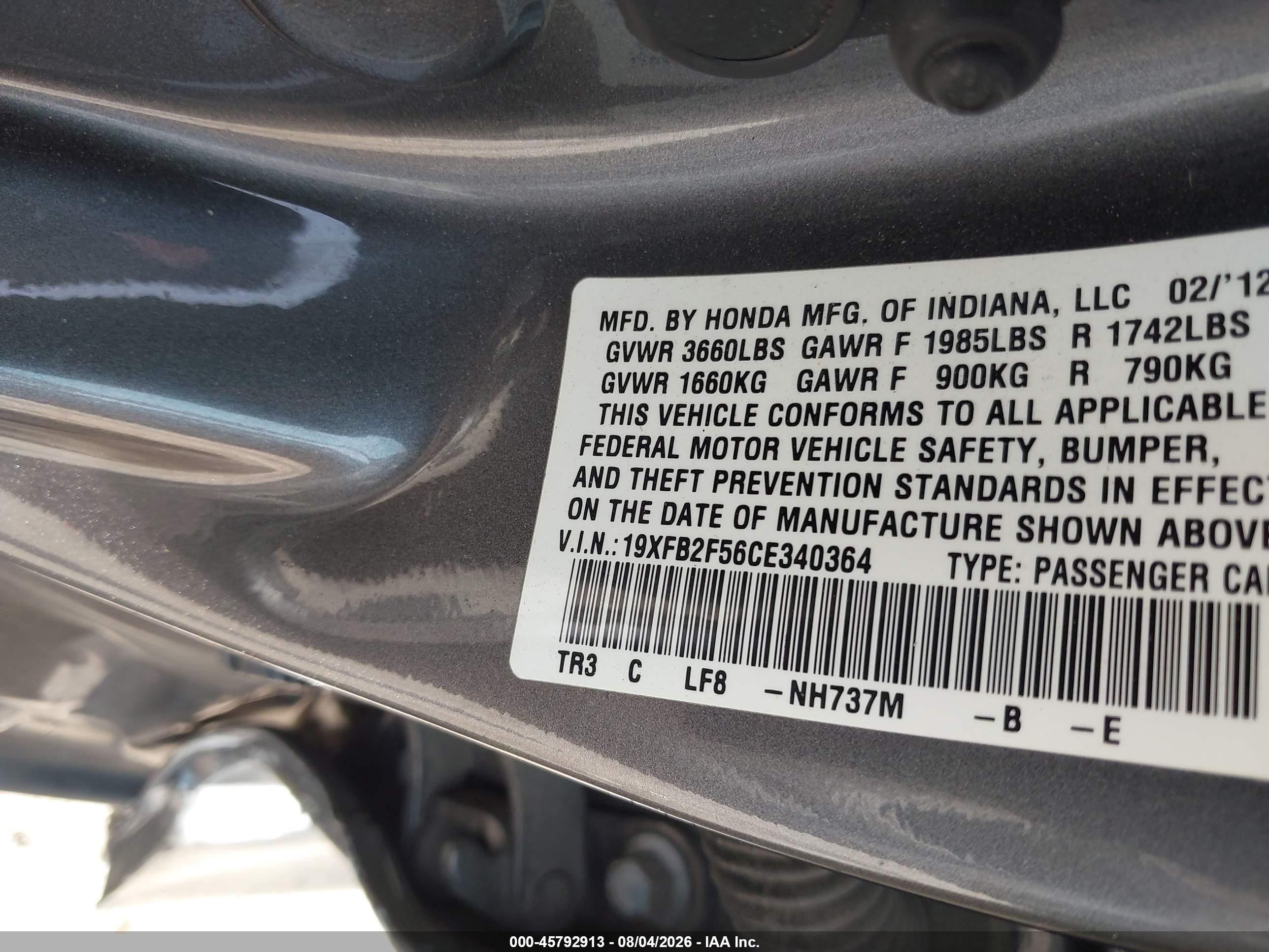 2012 Honda Civic Lx Gray vin: 19XFB2F56CE340364