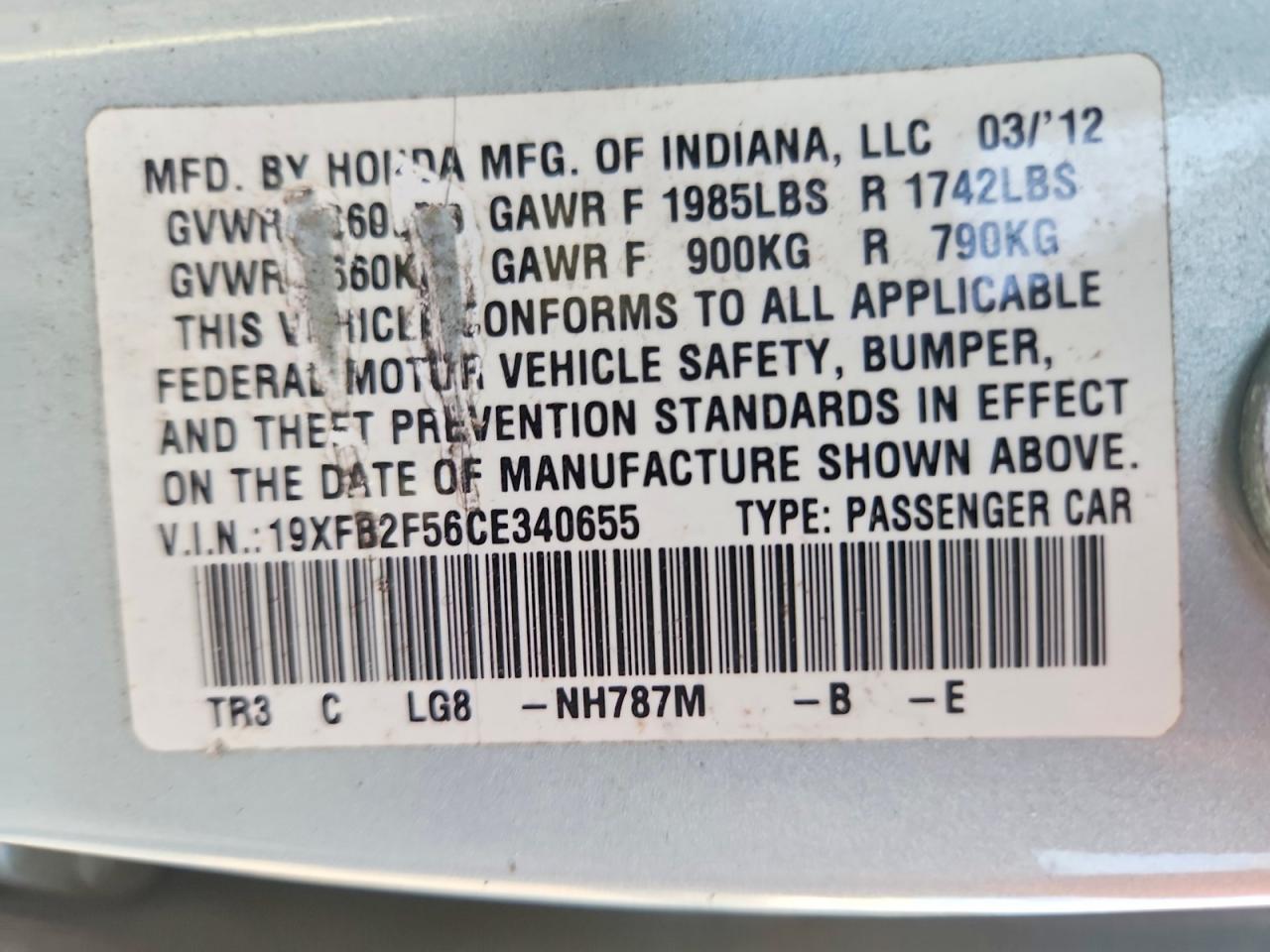 2012 Honda Civic Lx Blue vin: 19XFB2F56CE340655