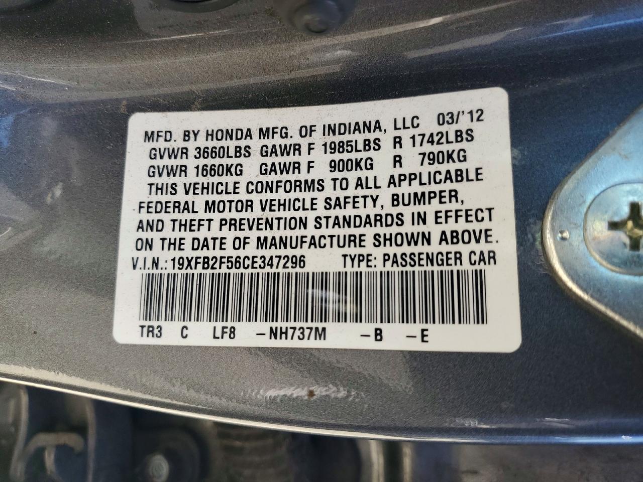2012 Honda Civic Lx Gray vin: 19XFB2F56CE347296