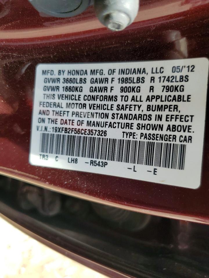 2012 Honda Civic Lx Burgundy vin: 19XFB2F56CE357326