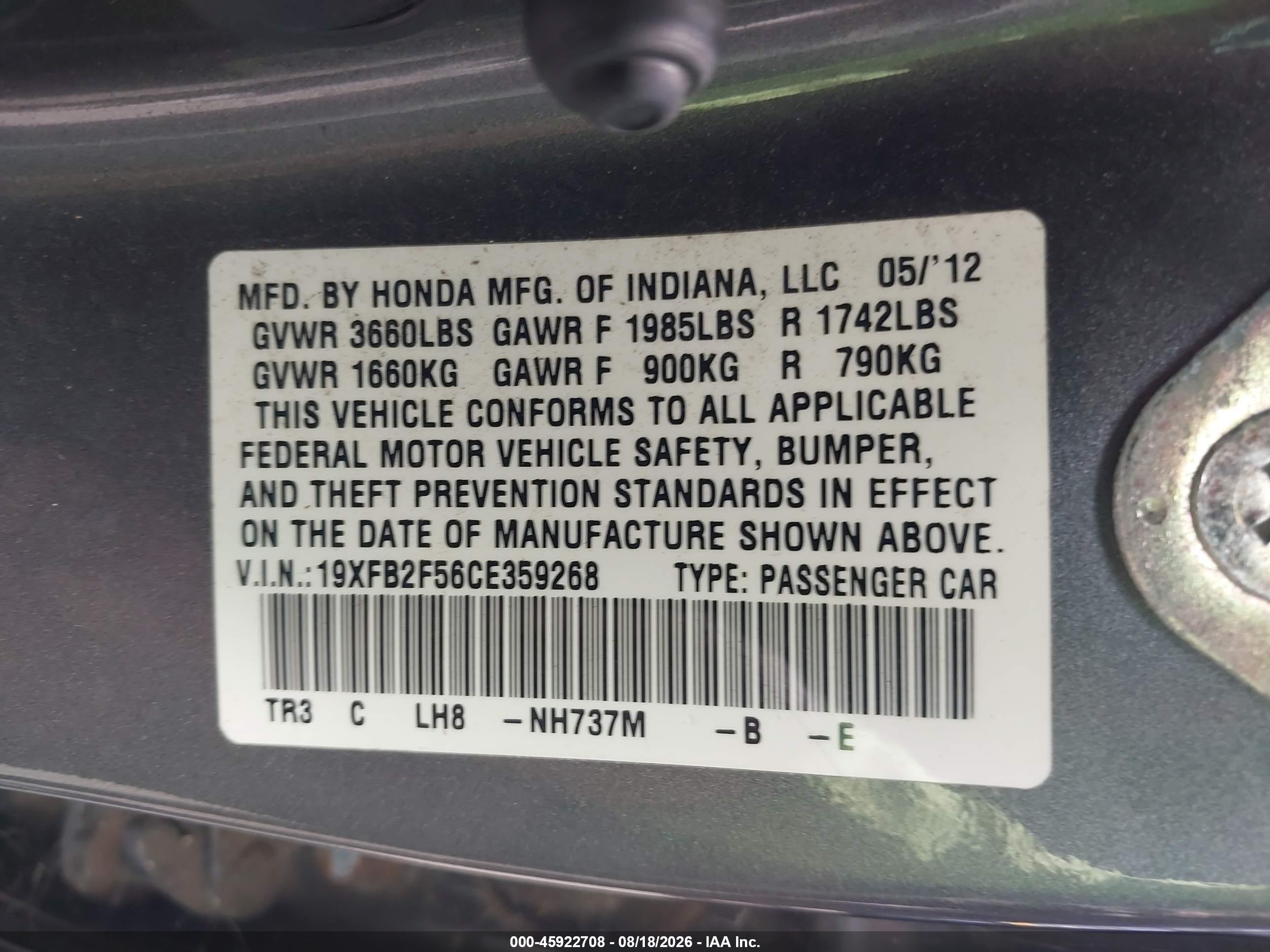 2012 Honda Civic Lx Gray vin: 19XFB2F56CE359268
