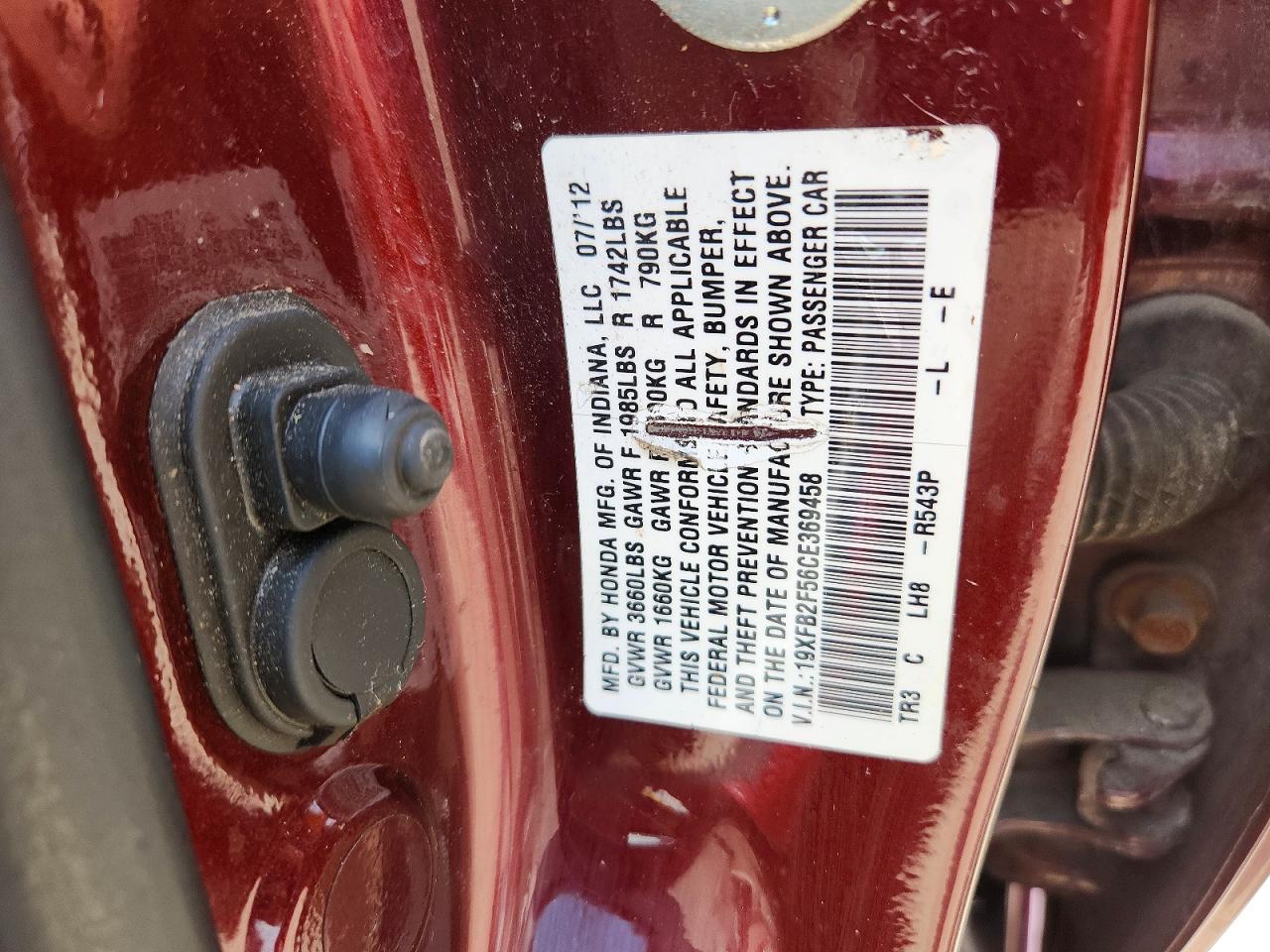 2012 Honda Civic Lx Burgundy vin: 19XFB2F56CE369458
