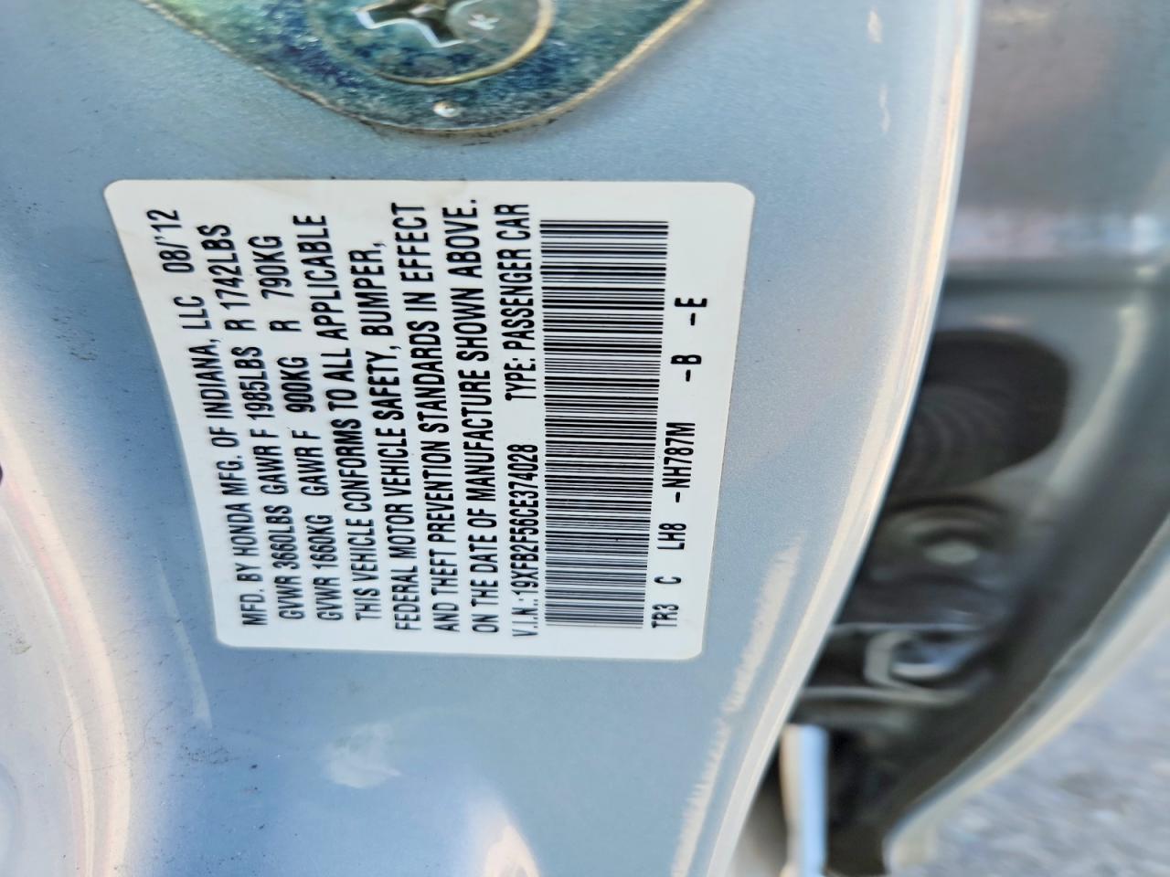 2012 Honda Civic Lx Серебряный vin: 19XFB2F56CE374028