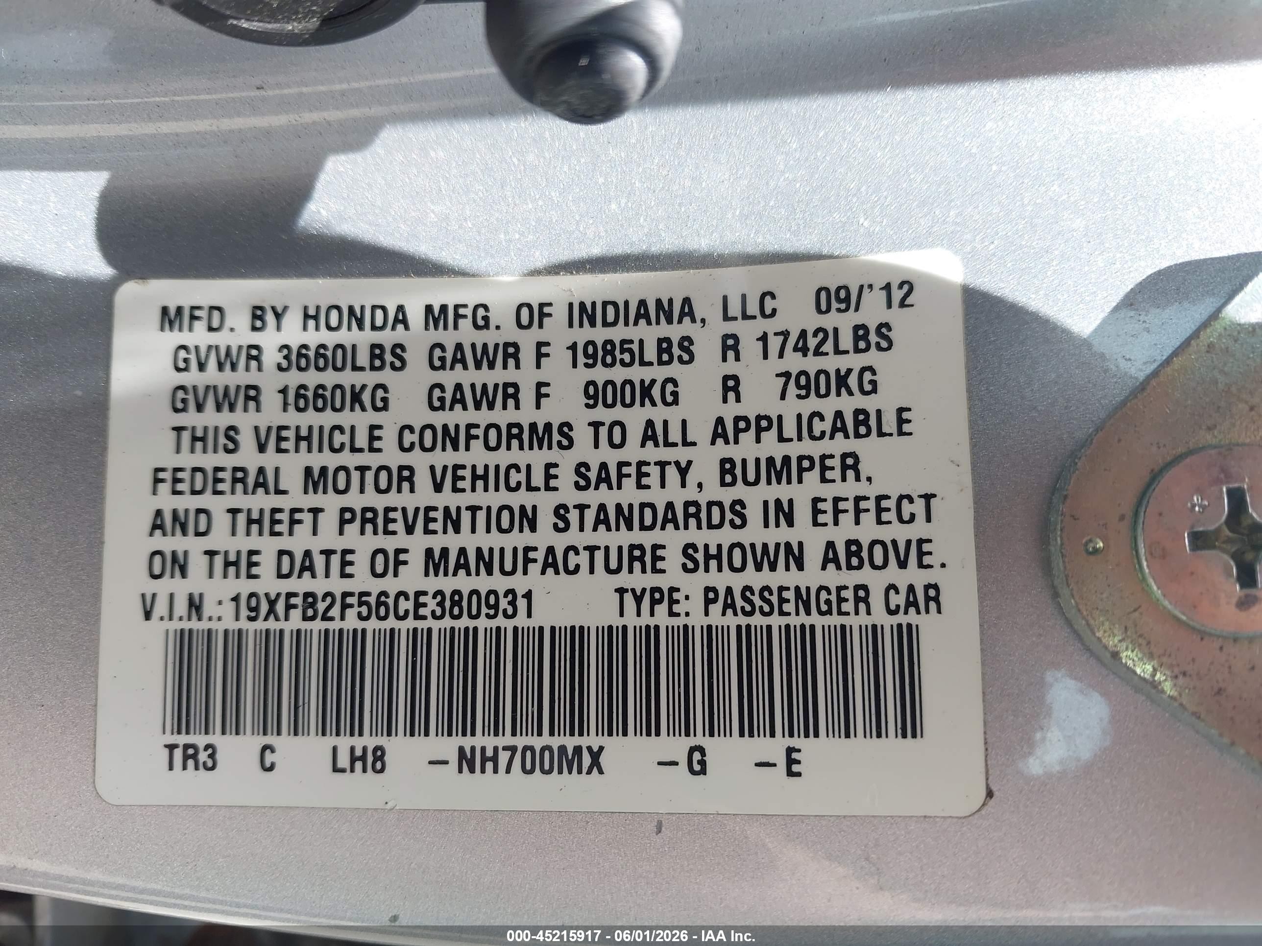 2012 Honda Civic Lx Silver vin: 19XFB2F56CE380931