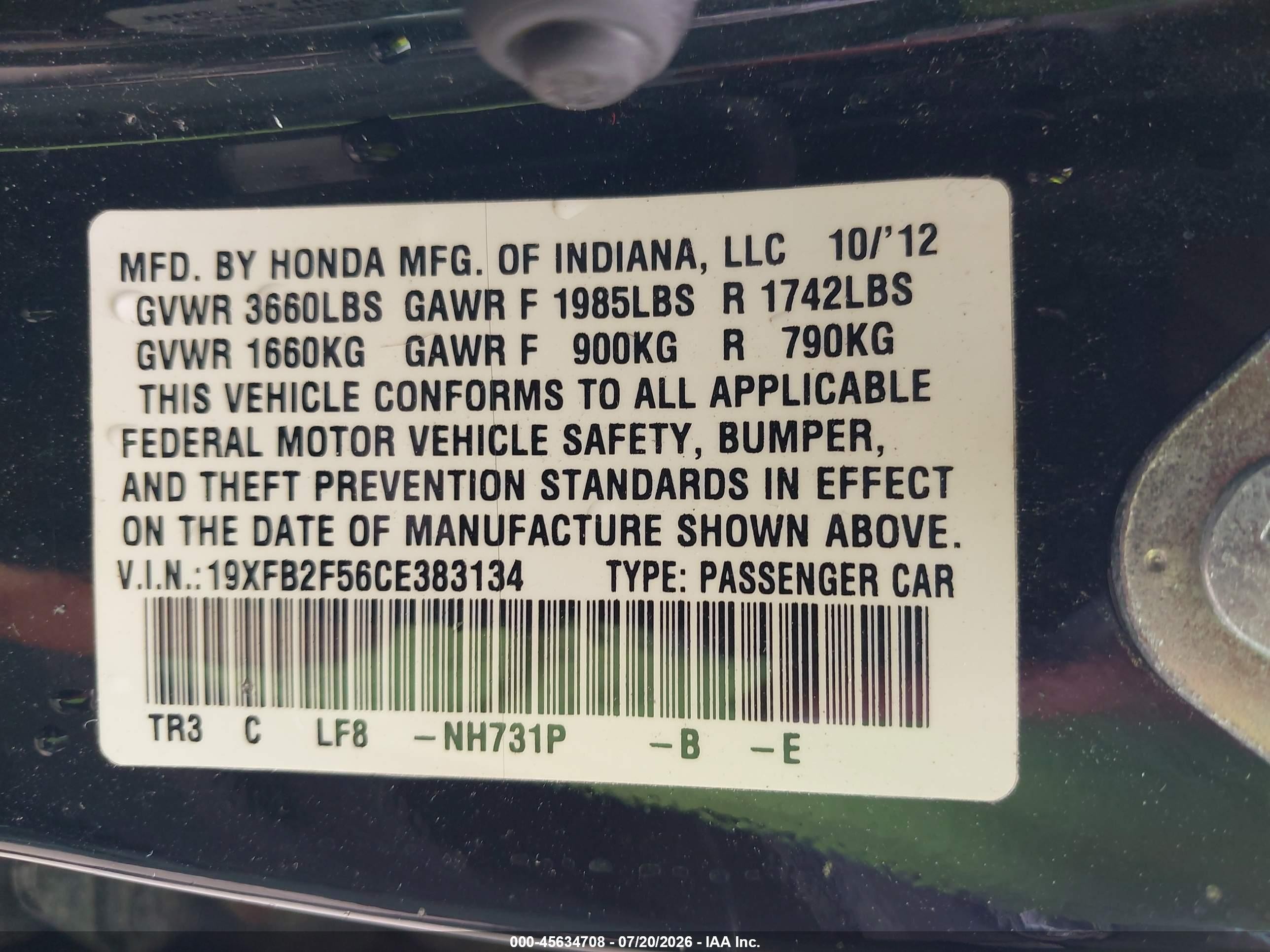 2012 Honda Civic Lx Черный vin: 19XFB2F56CE383134