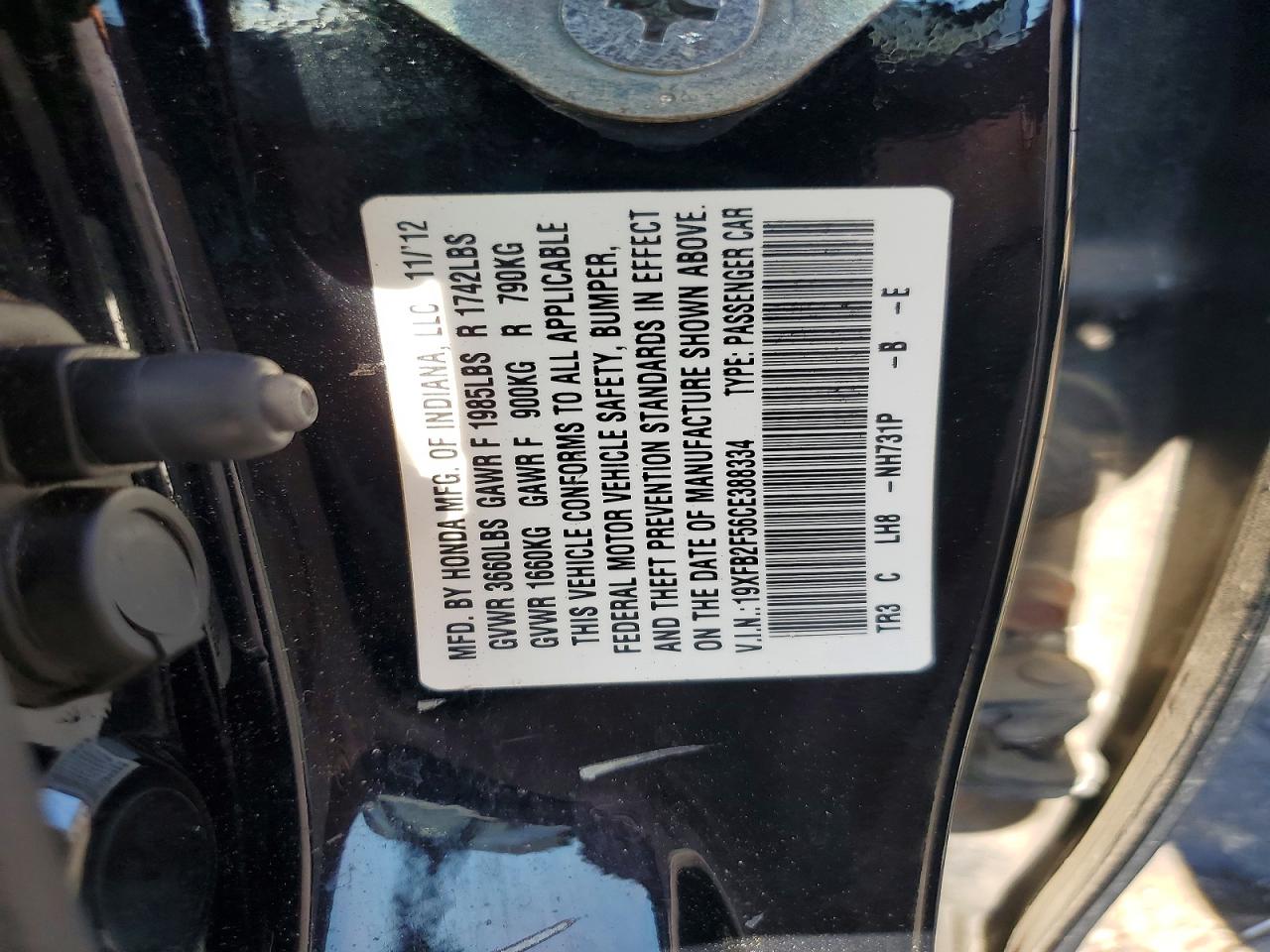 2012 Honda Civic Lx Black vin: 19XFB2F56CE388334