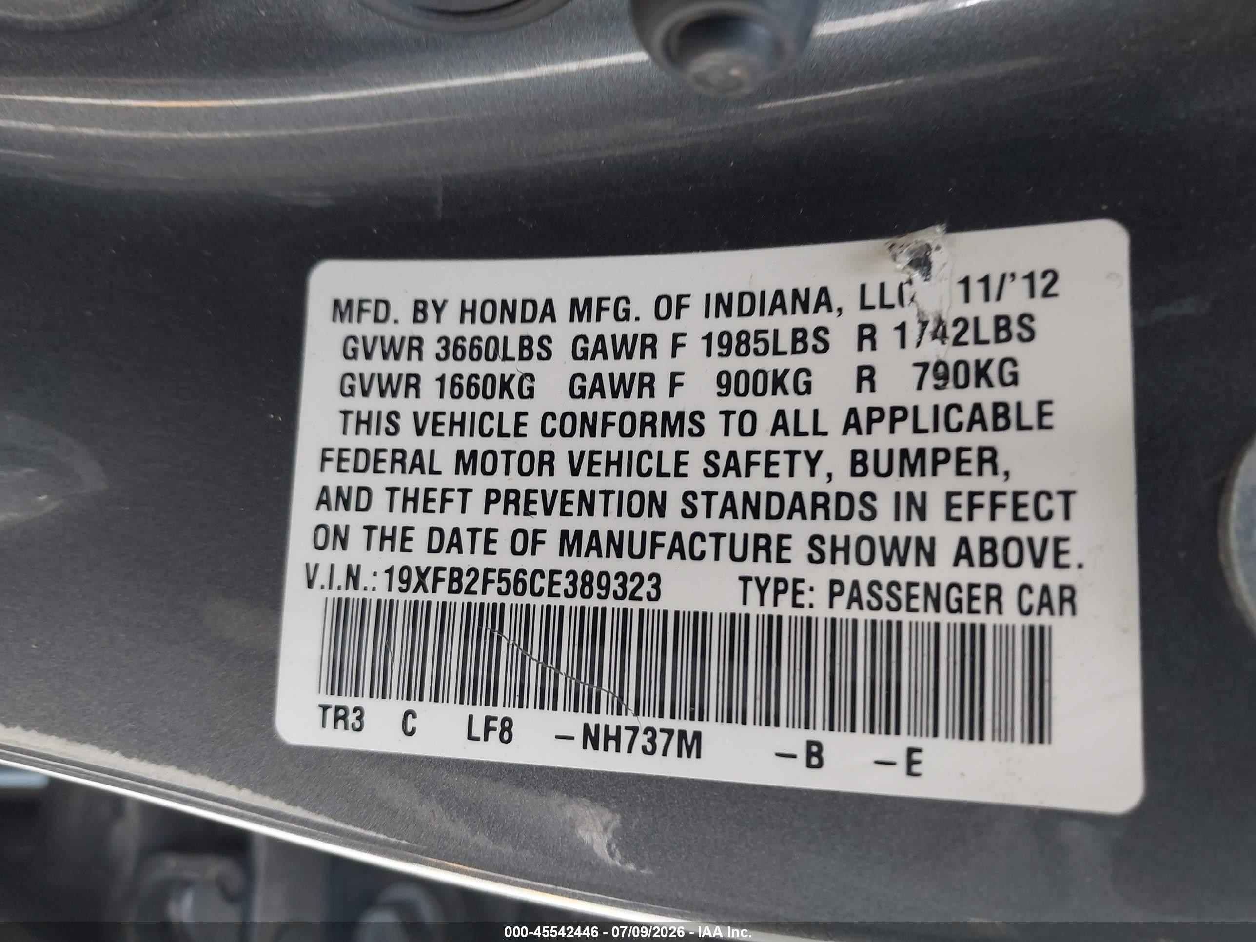 2012 Honda Civic Lx Brown vin: 19XFB2F56CE389323