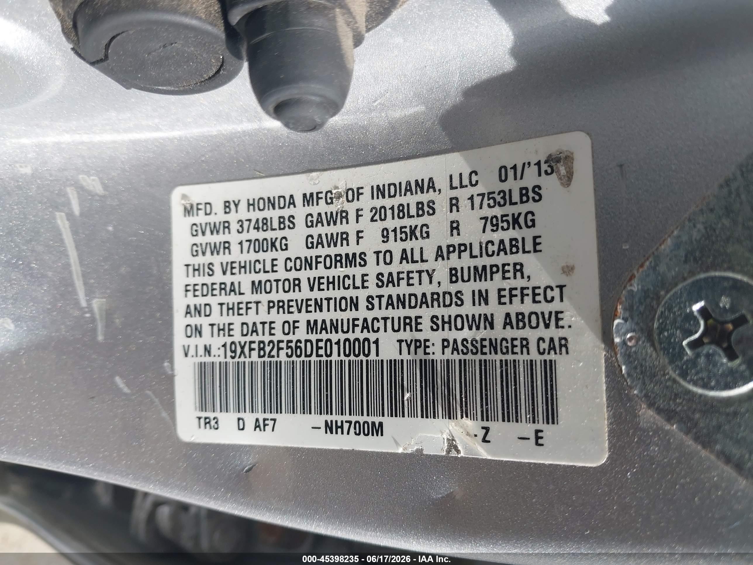 2013 Honda Civic Lx Silver vin: 19XFB2F56DE010001