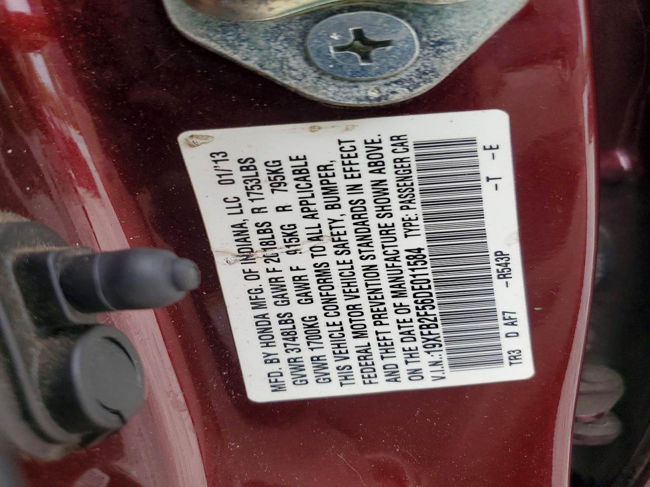 2013 Honda Civic Lx Burgundy vin: 19XFB2F56DE011584