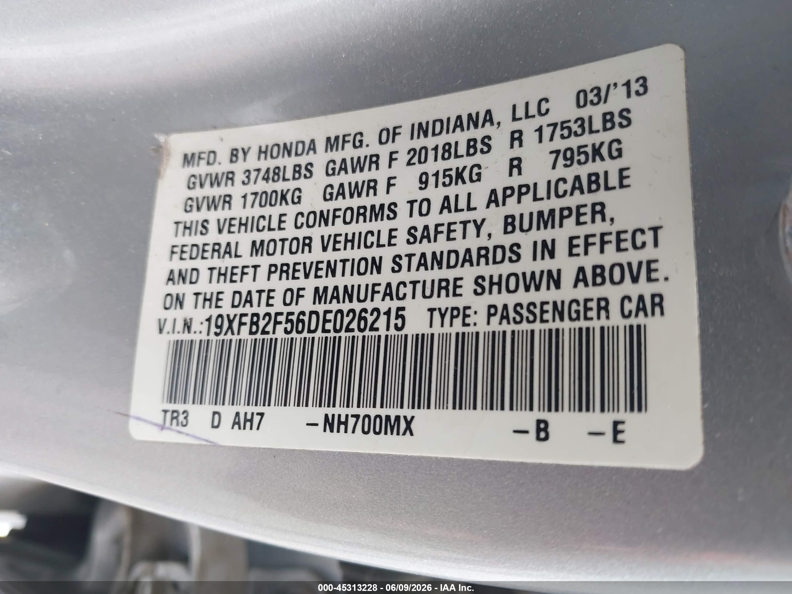2013 Honda Civic Lx Silver vin: 19XFB2F56DE026215
