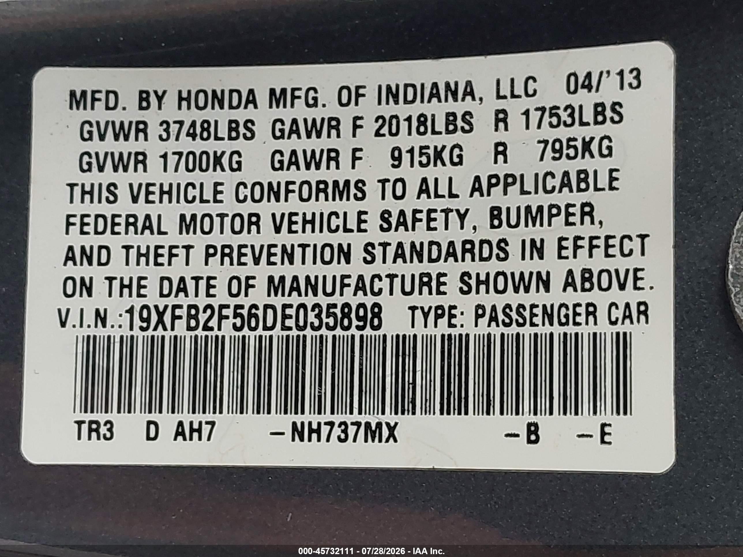 2013 Honda Civic Lx Gray vin: 19XFB2F56DE035898